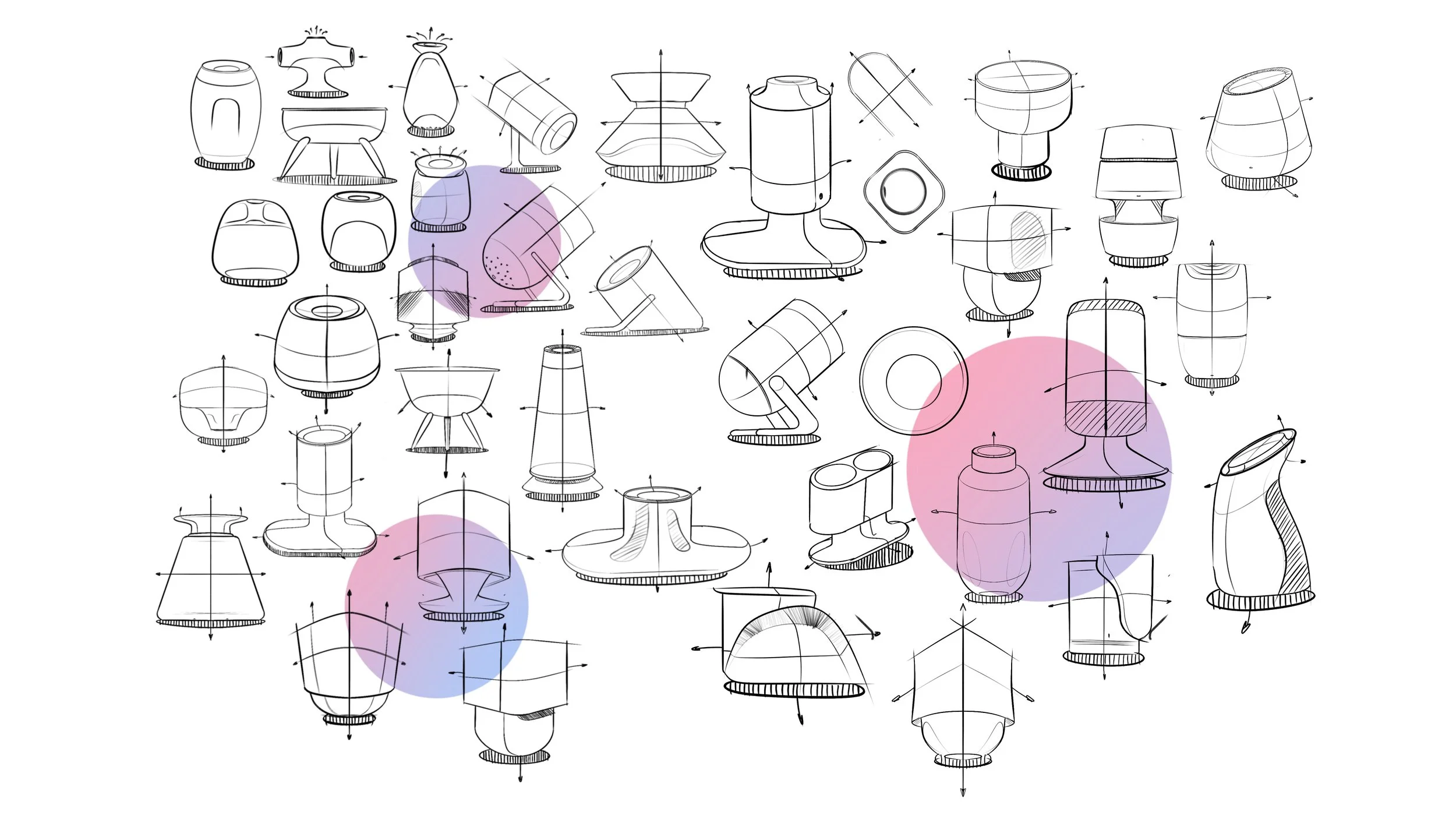 Collection of technical sketches of various lamp designs, with some highlighted in pink and blue circles.