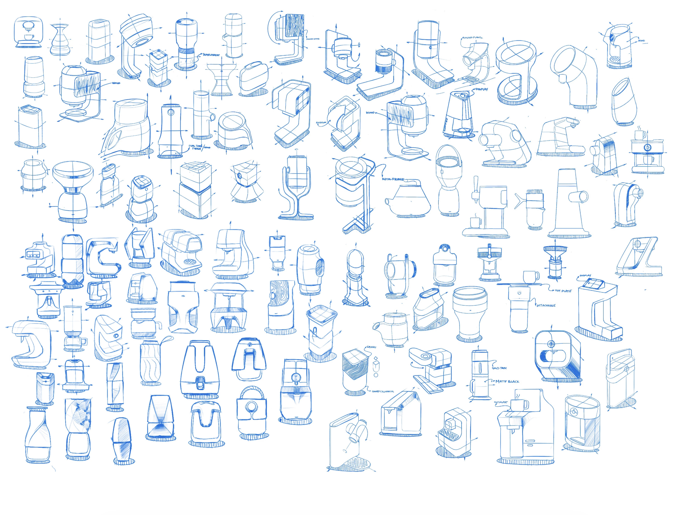 Blueprints and design sketches of various futuristic coffee maker and beverage dispenser machines, showing different shapes, sizes, and features.