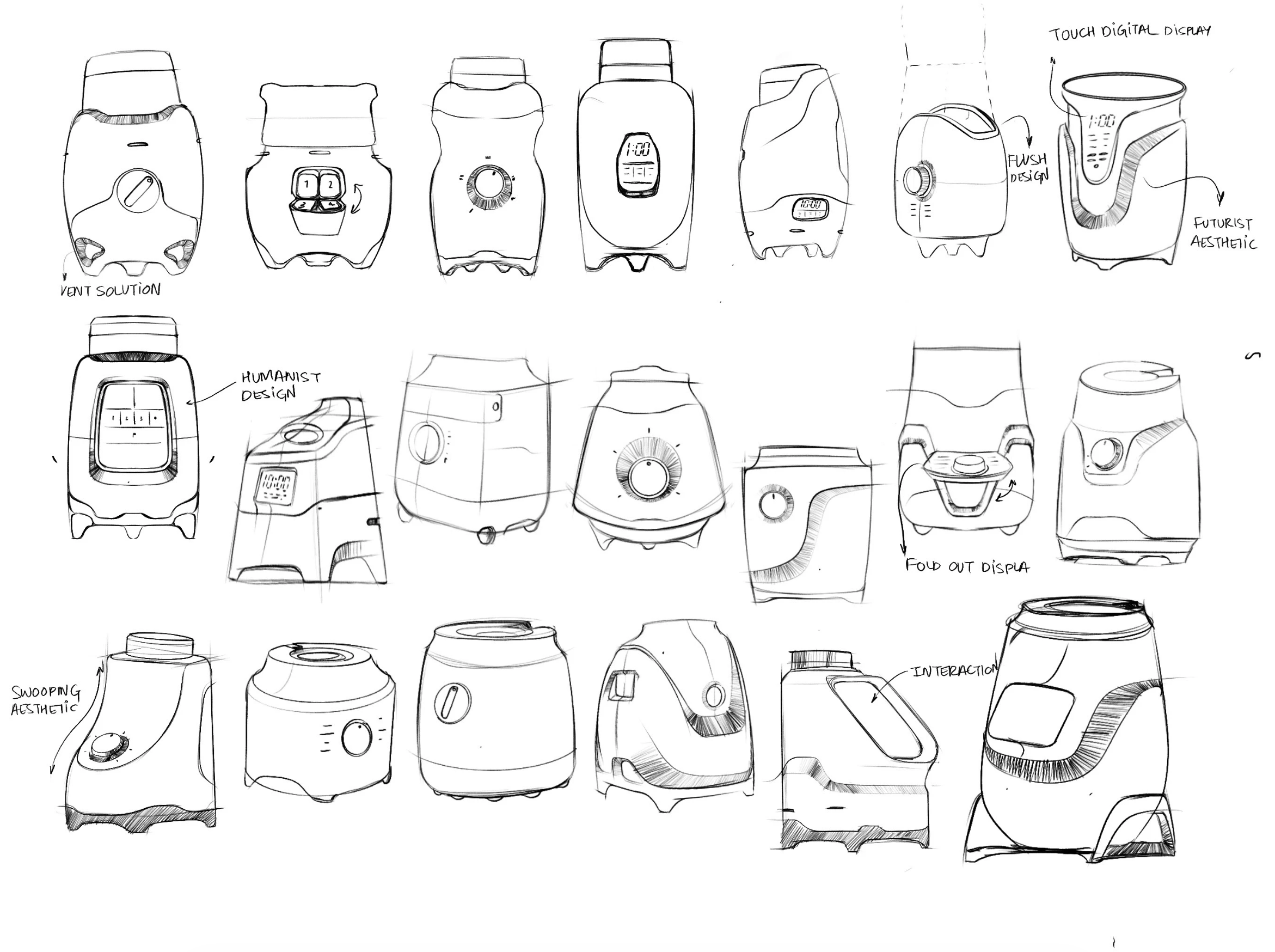 Sketches of various futuristic and modern appliance designs, including digital displays, touch interfaces, and aesthetic features, with annotations describing design themes like 'vent solution,' 'humanist design,' 'swooping aesthetic,' and 'interacti