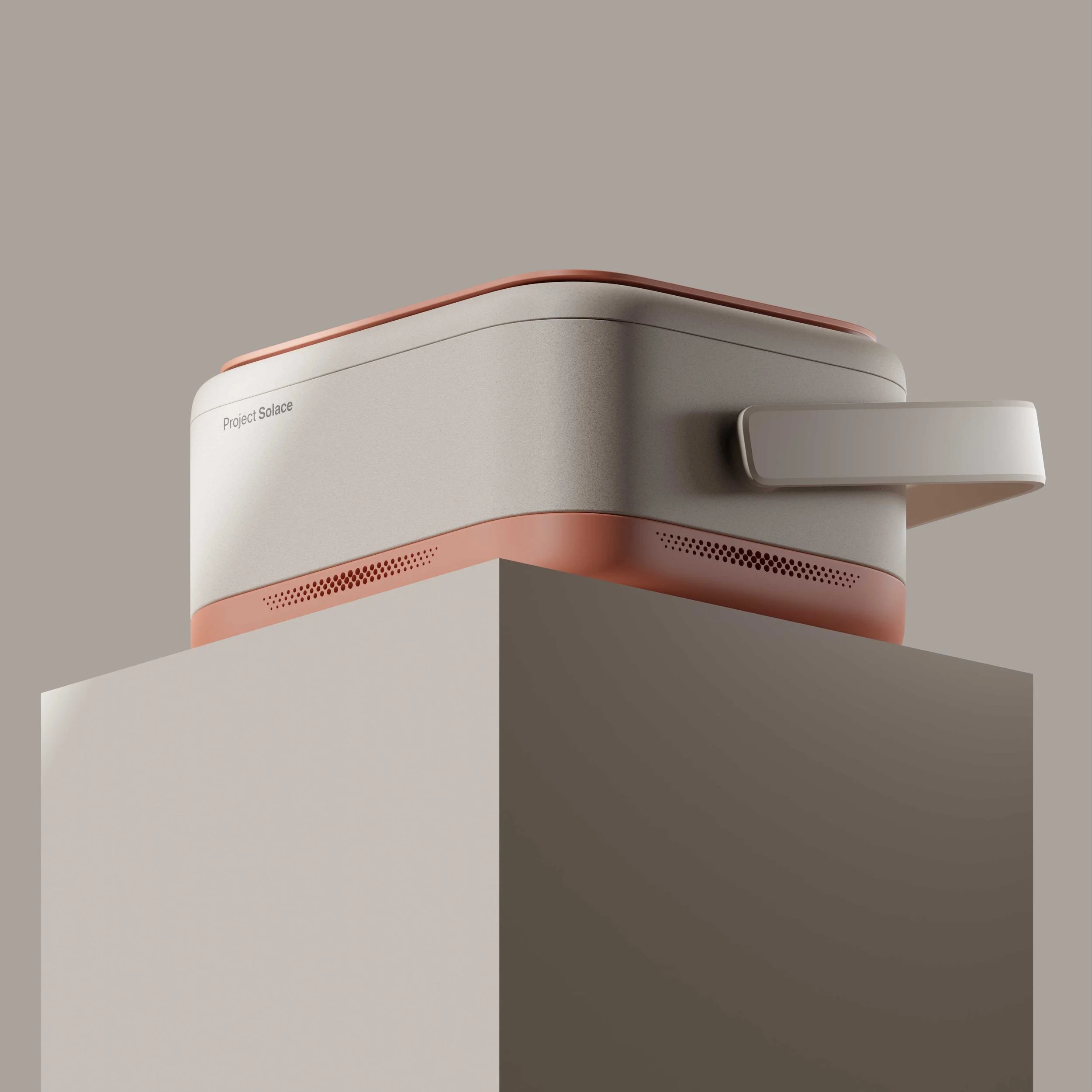 A modern, sleek device labeled 'Project Solace' on a minimalist white and beige platform against a neutral background.