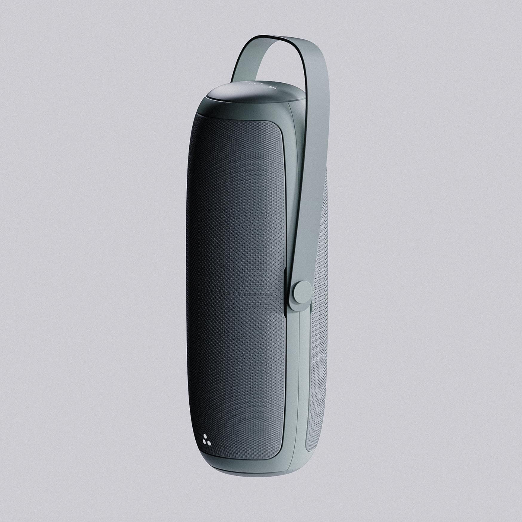 A modern portable speaker with a sleek design and a carrying handle.