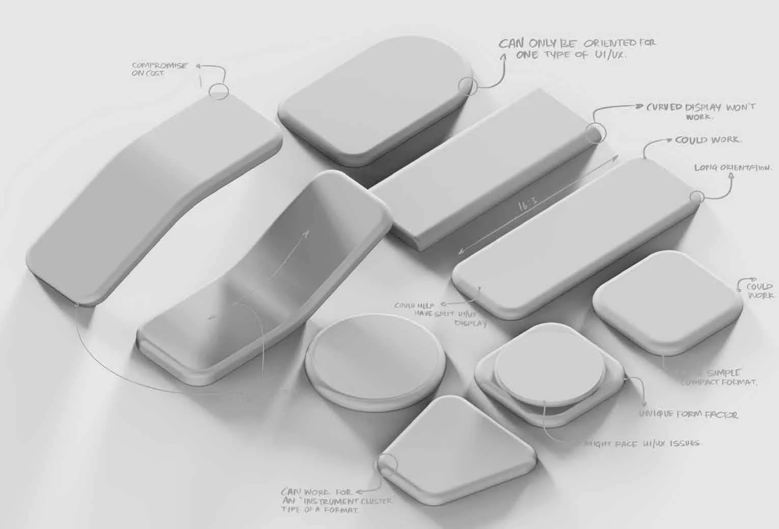 Sketch drawing of various UI element mockups with annotations, including rectangles, circles, and rounded rectangles, indicating design considerations and functionality notes.