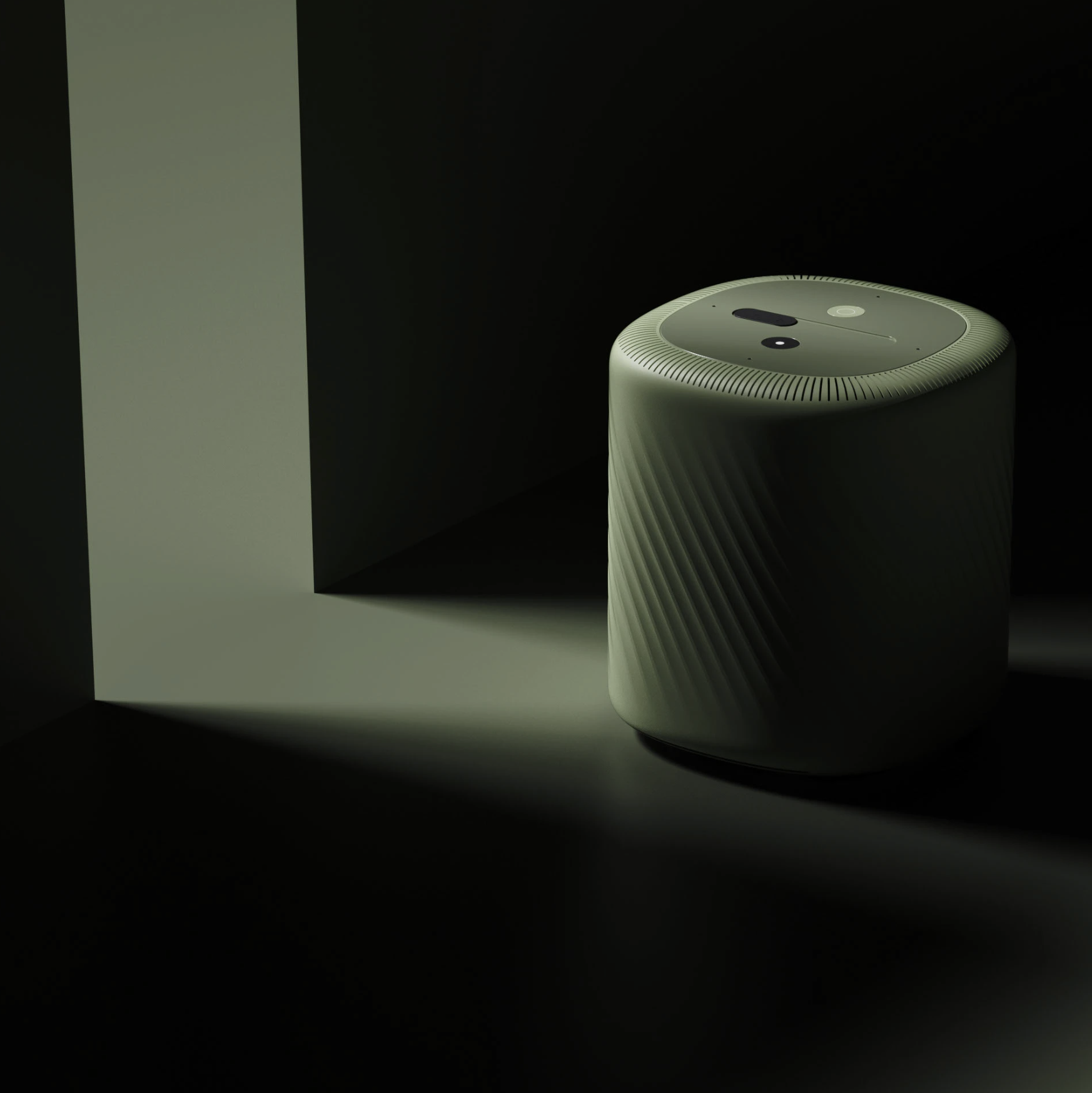 A sleek, modern smart speaker with a textured, diagonal striped surface, placed on a dark surface next to a wall, partially illuminated by a soft light, with a black background.