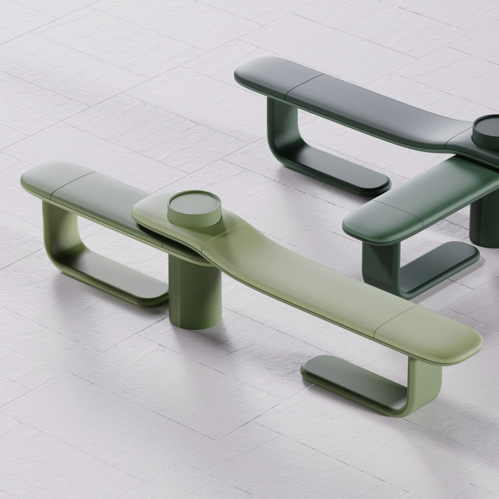 Two modern, minimalist benches with integrated tables on a white tiled floor.