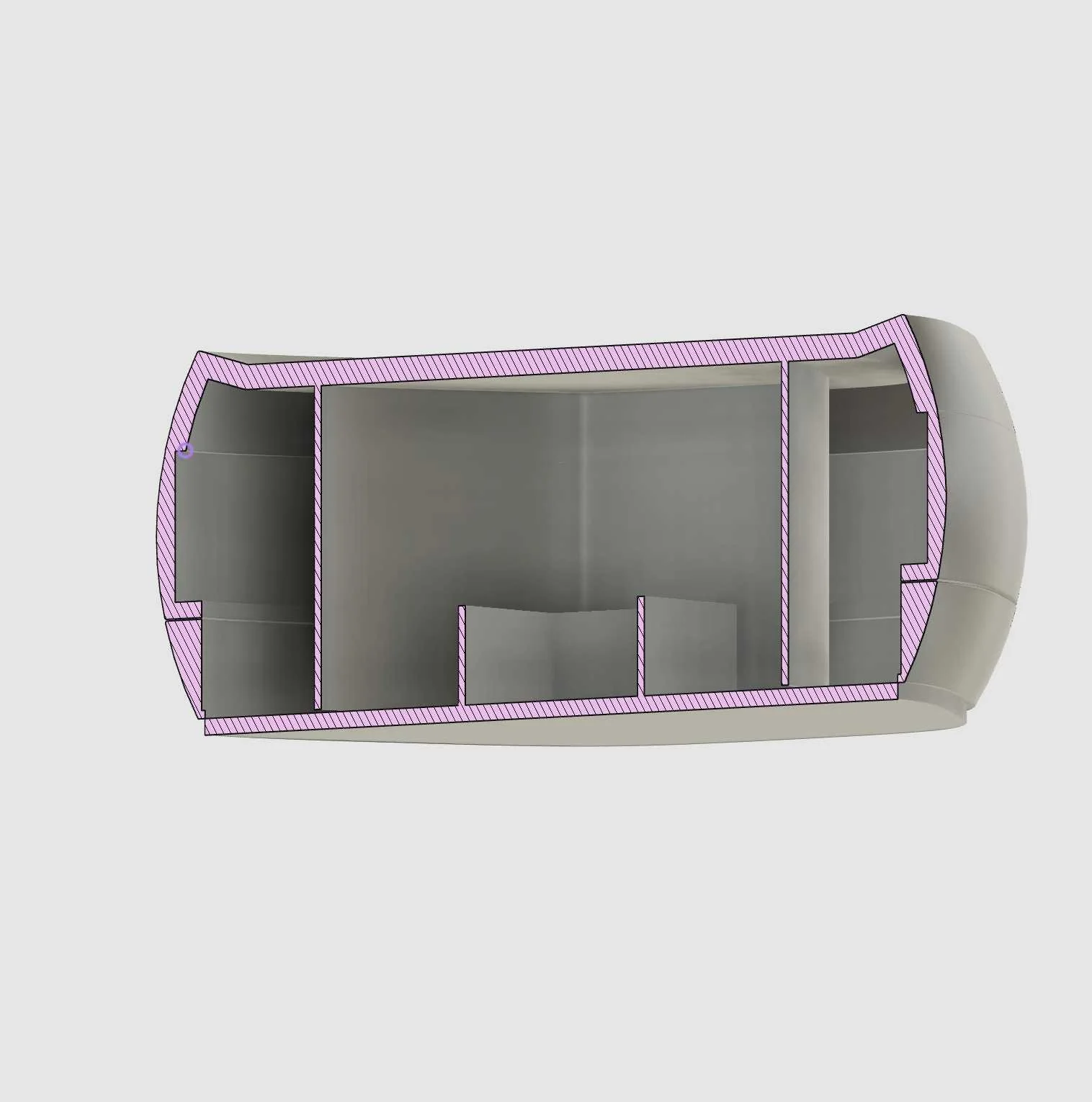 3D cross-sectional view of a small boat or submarine with internal compartments outlined in purple.