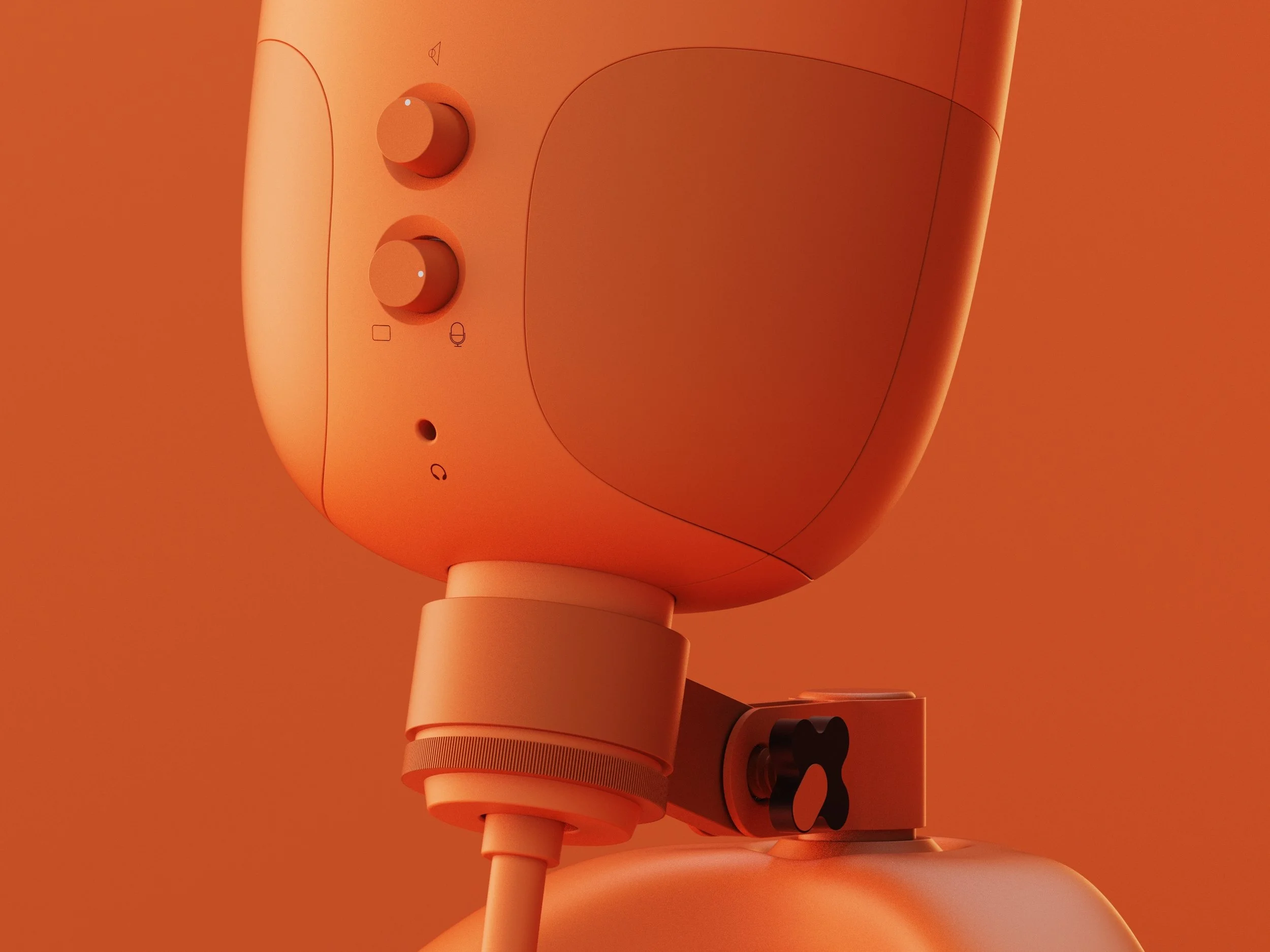 A close-up of a modern robotic device with a smooth, rounded design in orange color, featuring buttons, port, and adjustable joints.