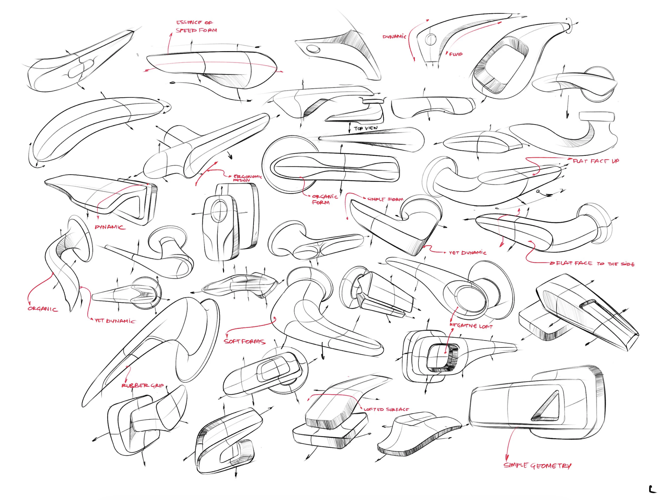 A collection of sketch concepts for ergonomic vehicle or handle designs, featuring various shapes, forms, and annotations in red indicating features like foam, surface details, and fluidity.