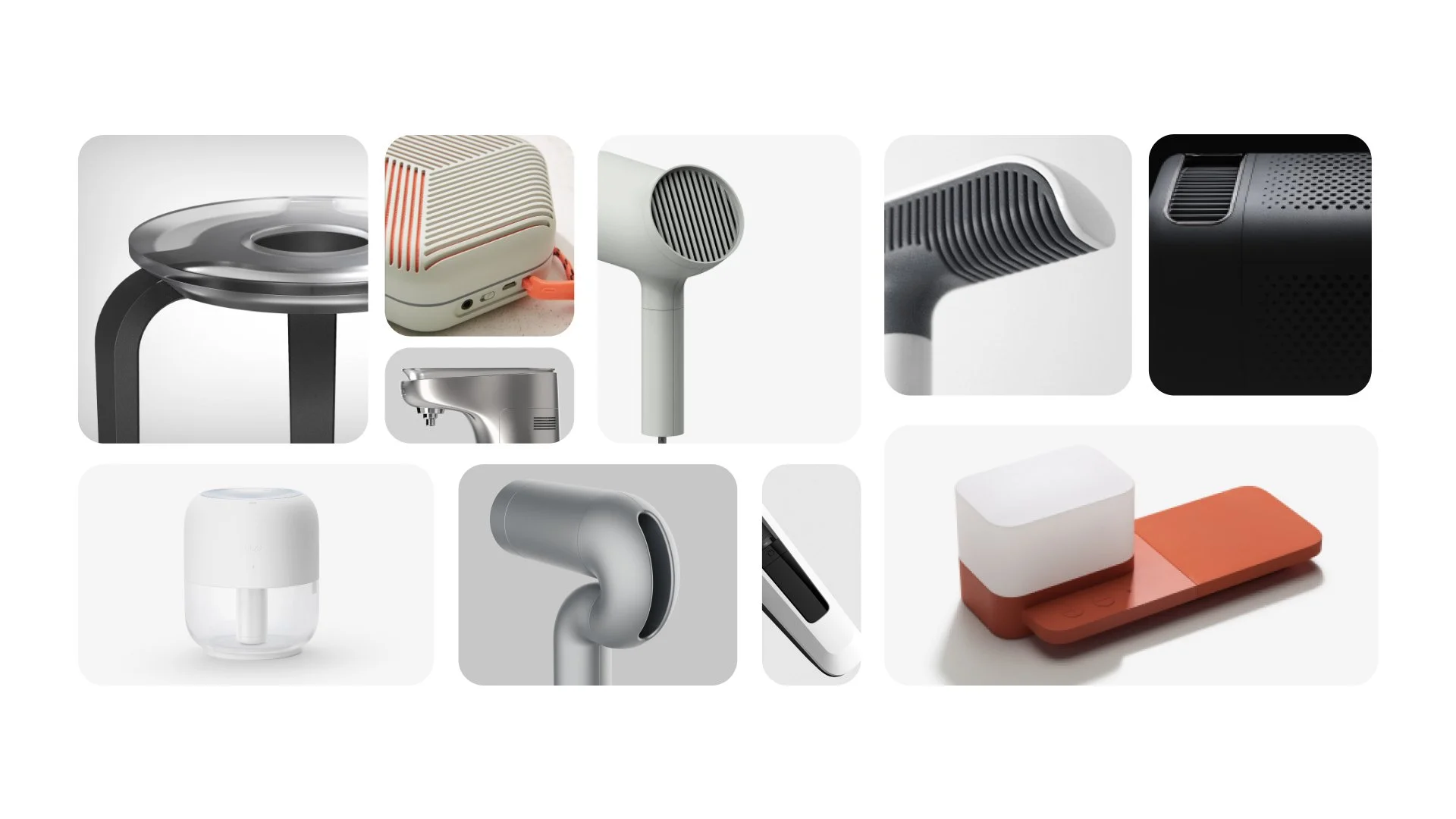 Collection of modern household appliances, including a microwave, portable speaker, handheld hair dryer, hair straightener, air purifier, electric shaver, humidity sensor, soap dispenser, hair curler, and a device with a magnetic connector.
