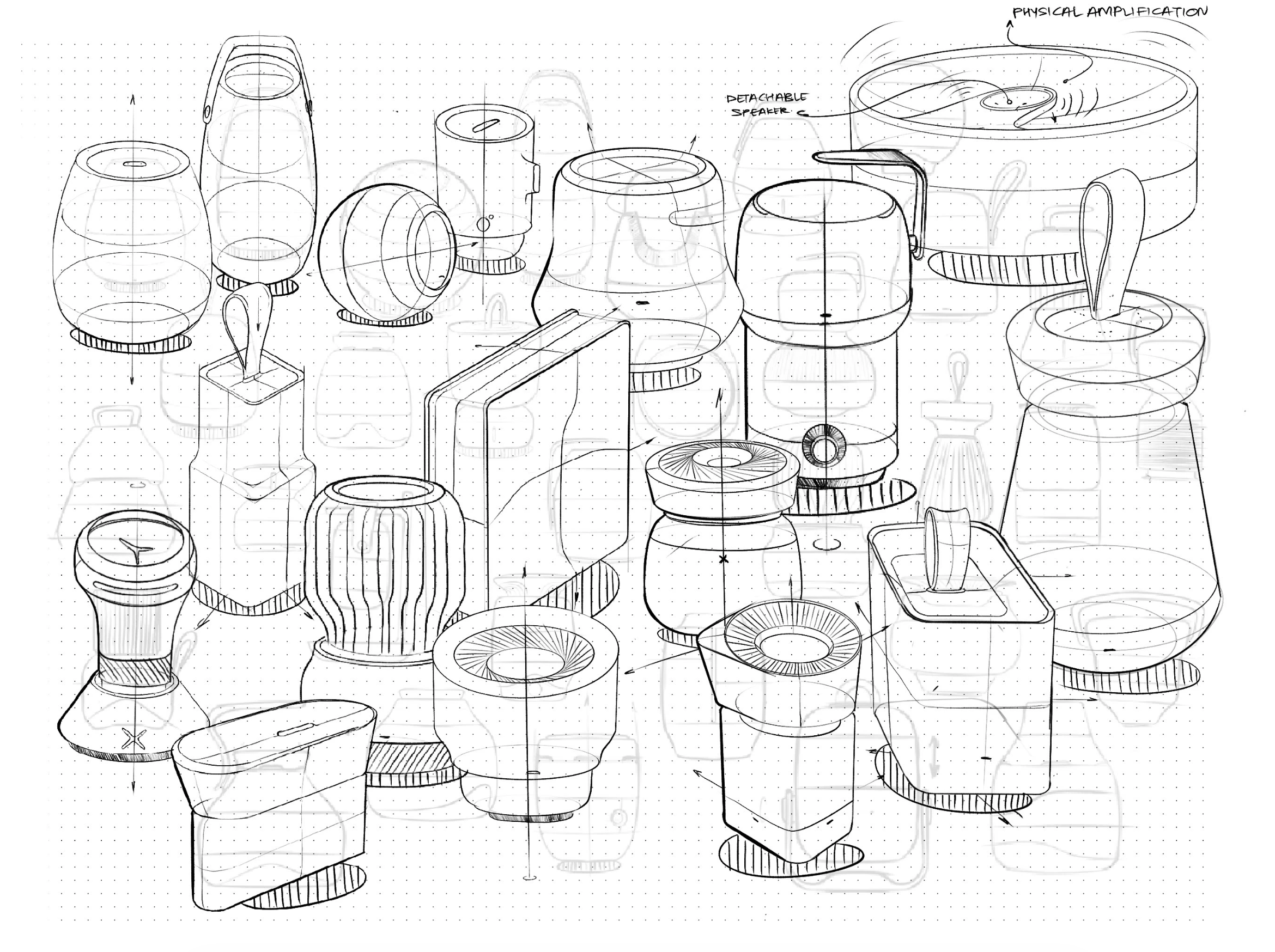 Line drawing of various household appliances and containers, including a blender, kettle, and to-go cups, with annotations indicating features like "detachable speaker" and "physical amplification."