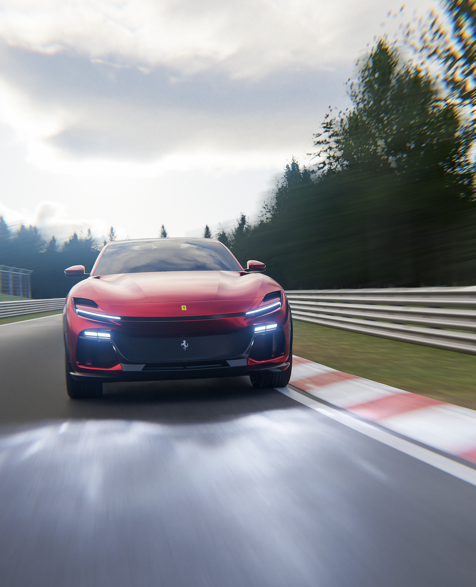 A red Ferrari sports car driving on a racetrack with trees in the background and a cloudy sky.