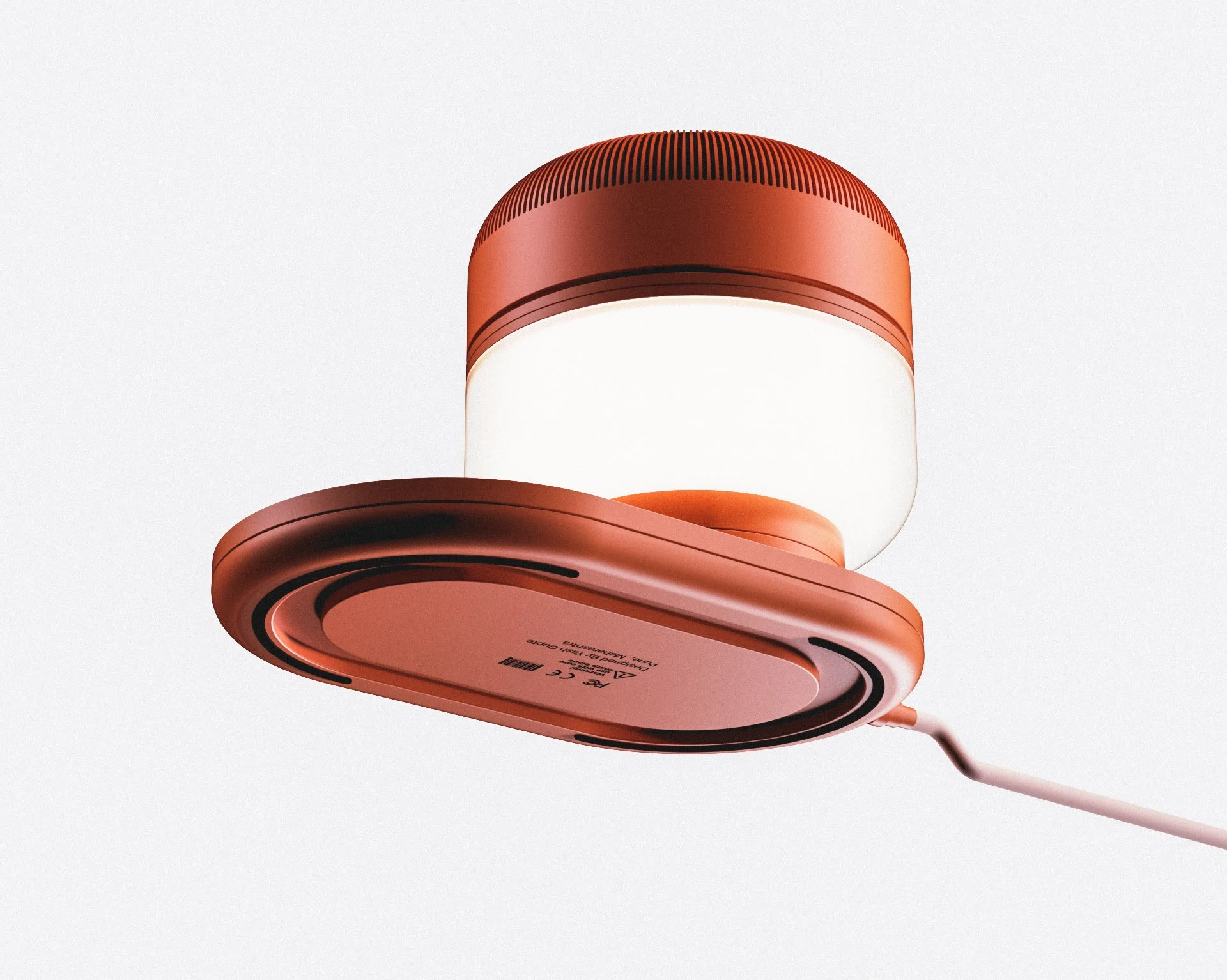 A pair of wireless earbuds, rose gold in color, with one earbud resting on top of the other against a light gray background.