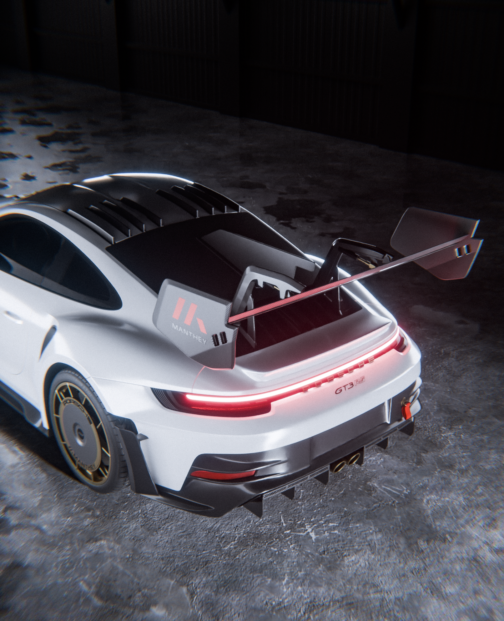 A white racing sports car with a black rear wing and a red rear light strip, parked on a concrete surface at night.