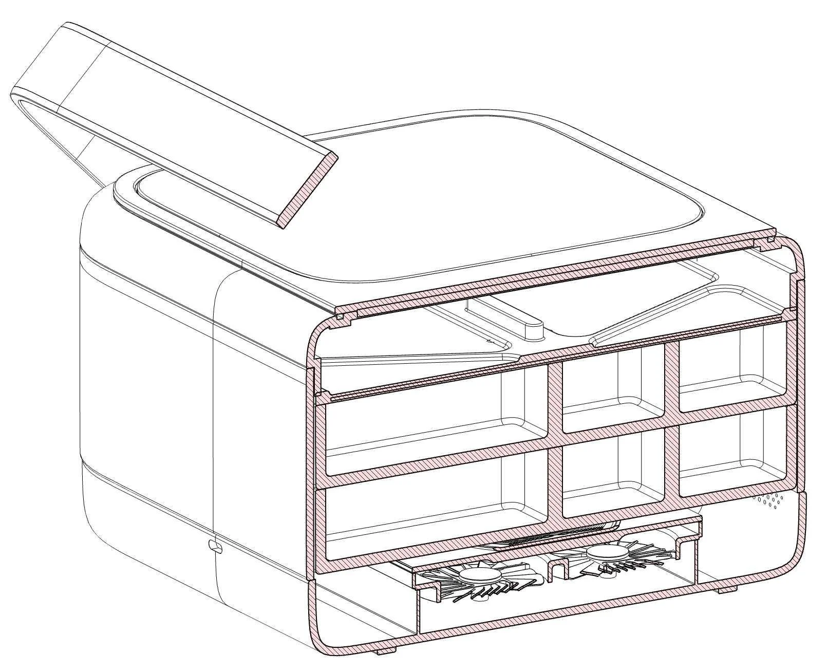 Cross-sectional technical drawing of a modern kitchen stove with a cooktop, oven, and storage compartments.