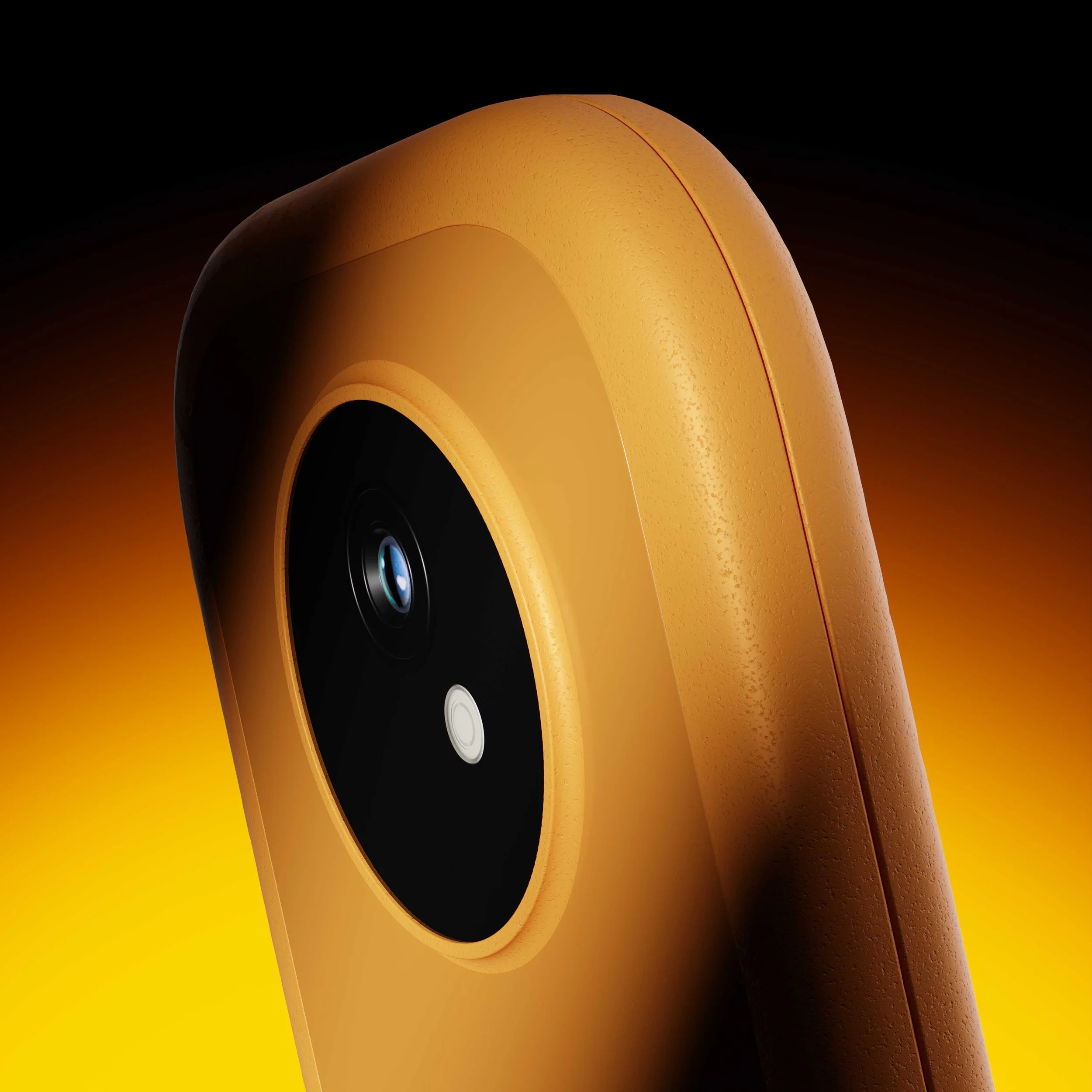 Close-up of the rear corner of a yellow Apple iPhone 14 Pro with a textured matte finish and a large circular camera module against a gradient yellow and black background.