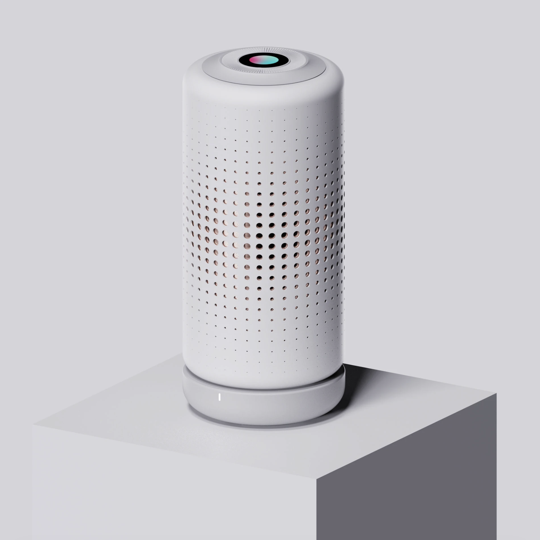 White cylindrical smart speaker with perforated holes, placed on a white pedestal against a light gray background.