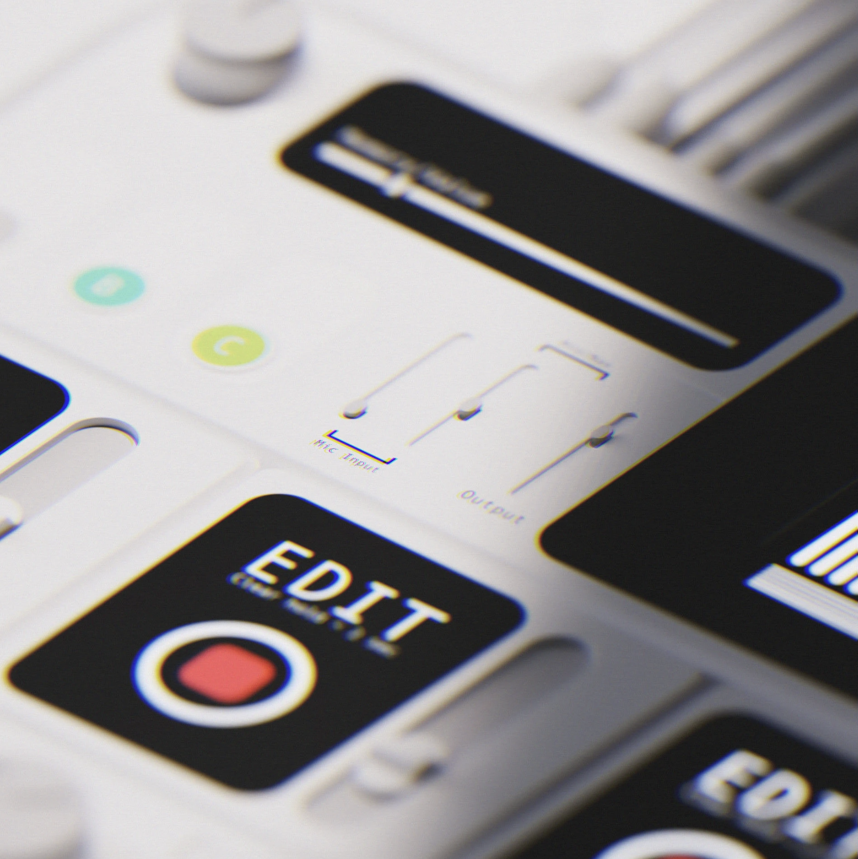 Close-up of a smartphone screen showing a video recording app with controls and a red record button labeled 'EDIT'.