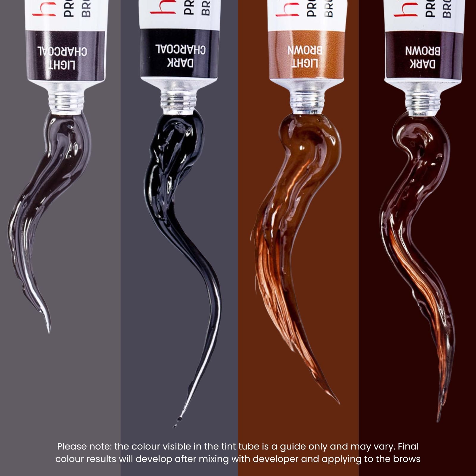 Four tubes of eyebrow tint in different colors - light charcoal, dark charcoal, light brown, dark brown - with corresponding tinted gels below each tube, displayed against matching color backgrounds. Text notes that the colors may vary and develop af