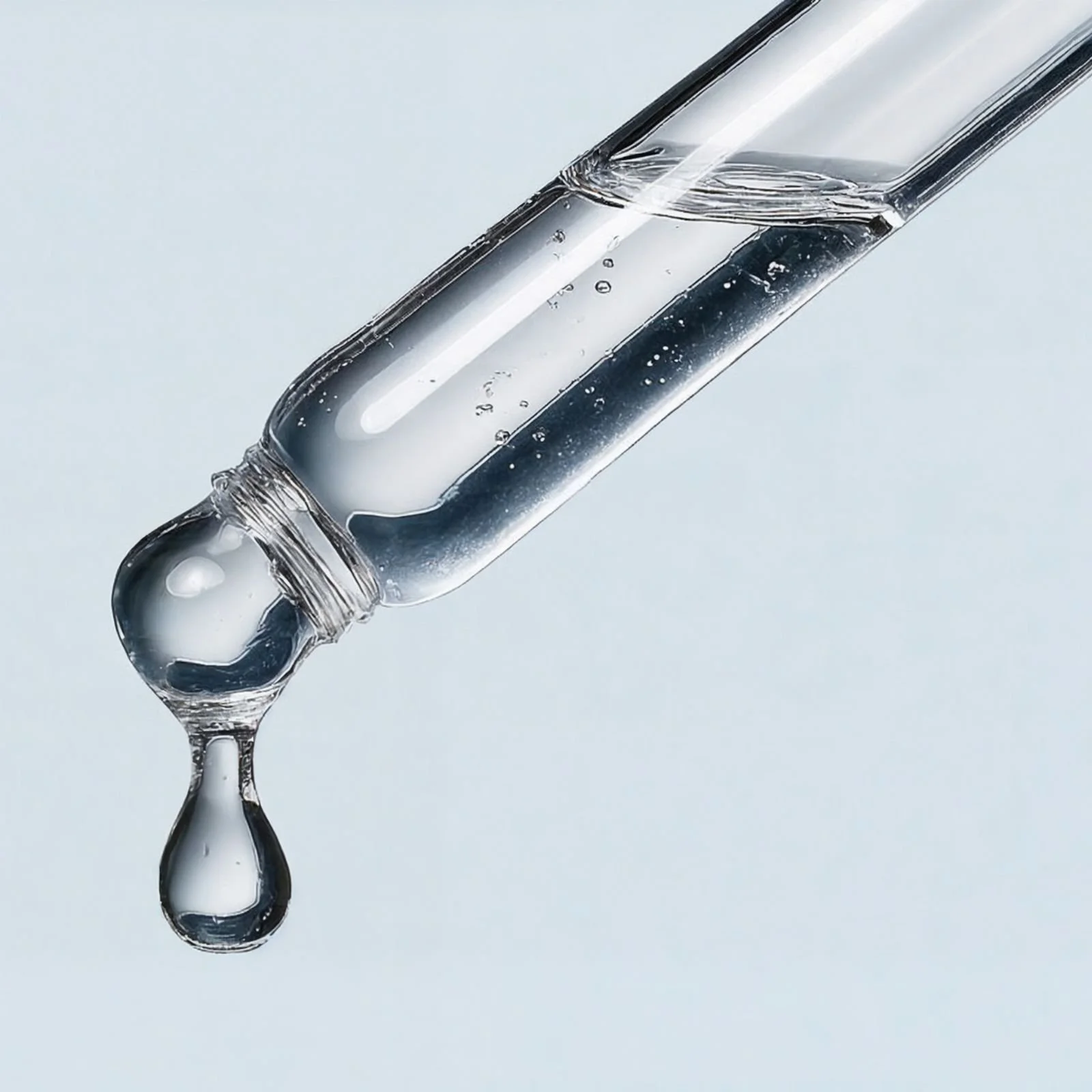 Close-up of a glass dropper with clear liquid dropping from its tip against a light background.