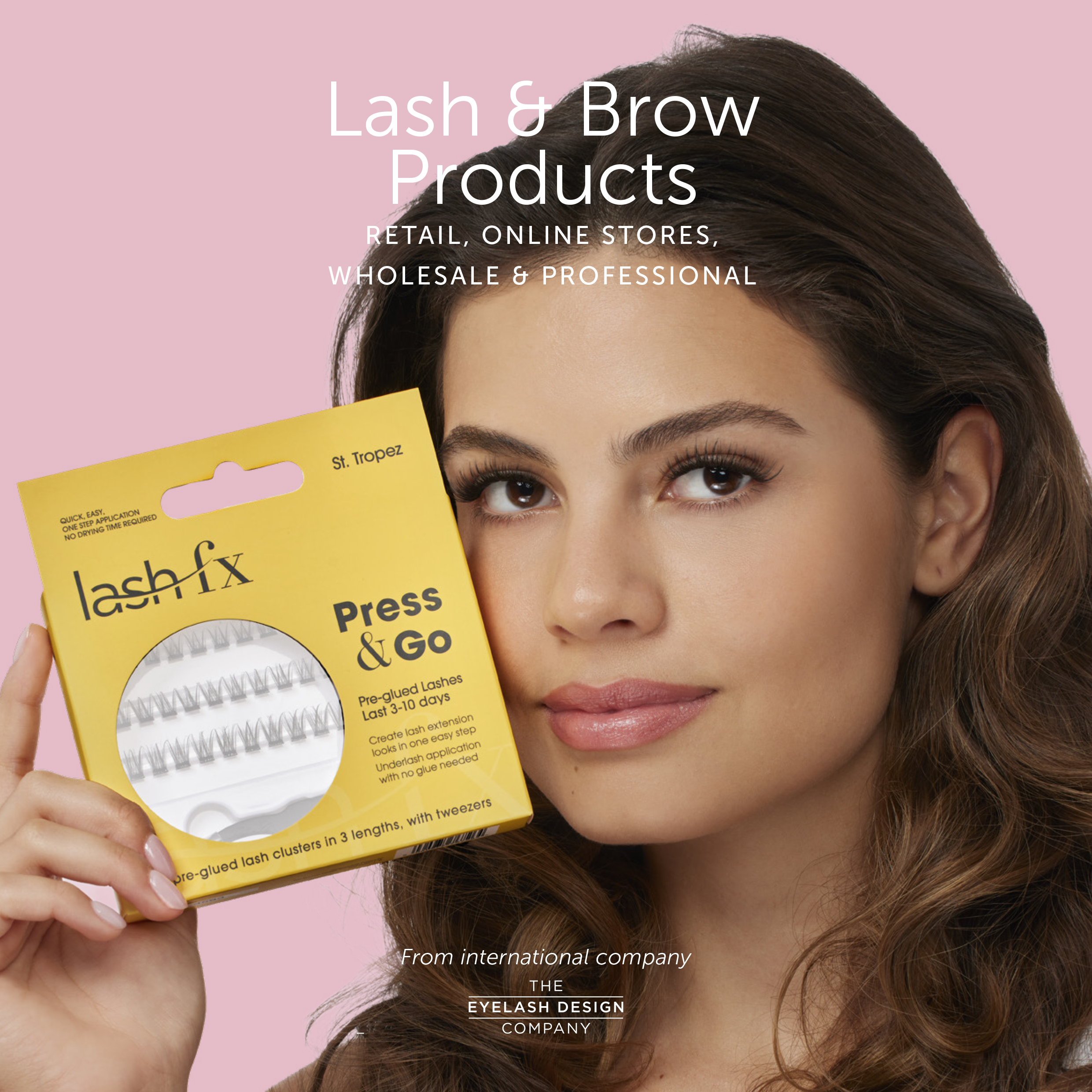 Woman with long brown hair holding yellow box of Lash Fix Press & Go pre-glued lash clusters, with pink background and text about lash and brow products from the eyelash design company.