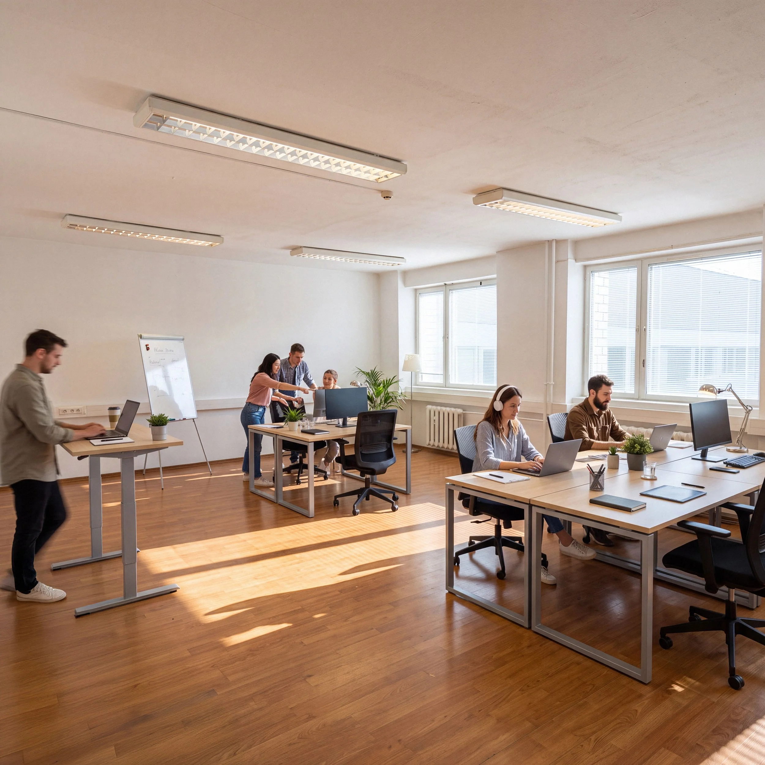An office space with multiple desks, people working on laptops, bright natural light from large windows, and several overhead fluorescent lights, wood flooring, and office plants.