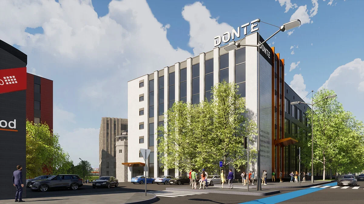 A modern city street scene with a large white and gray office building branded 'DONTÉ' on top and a group of pedestrians crossing at a crosswalk. The building is surrounded by trees and cars parked along the street. The sky is partly cloudy.