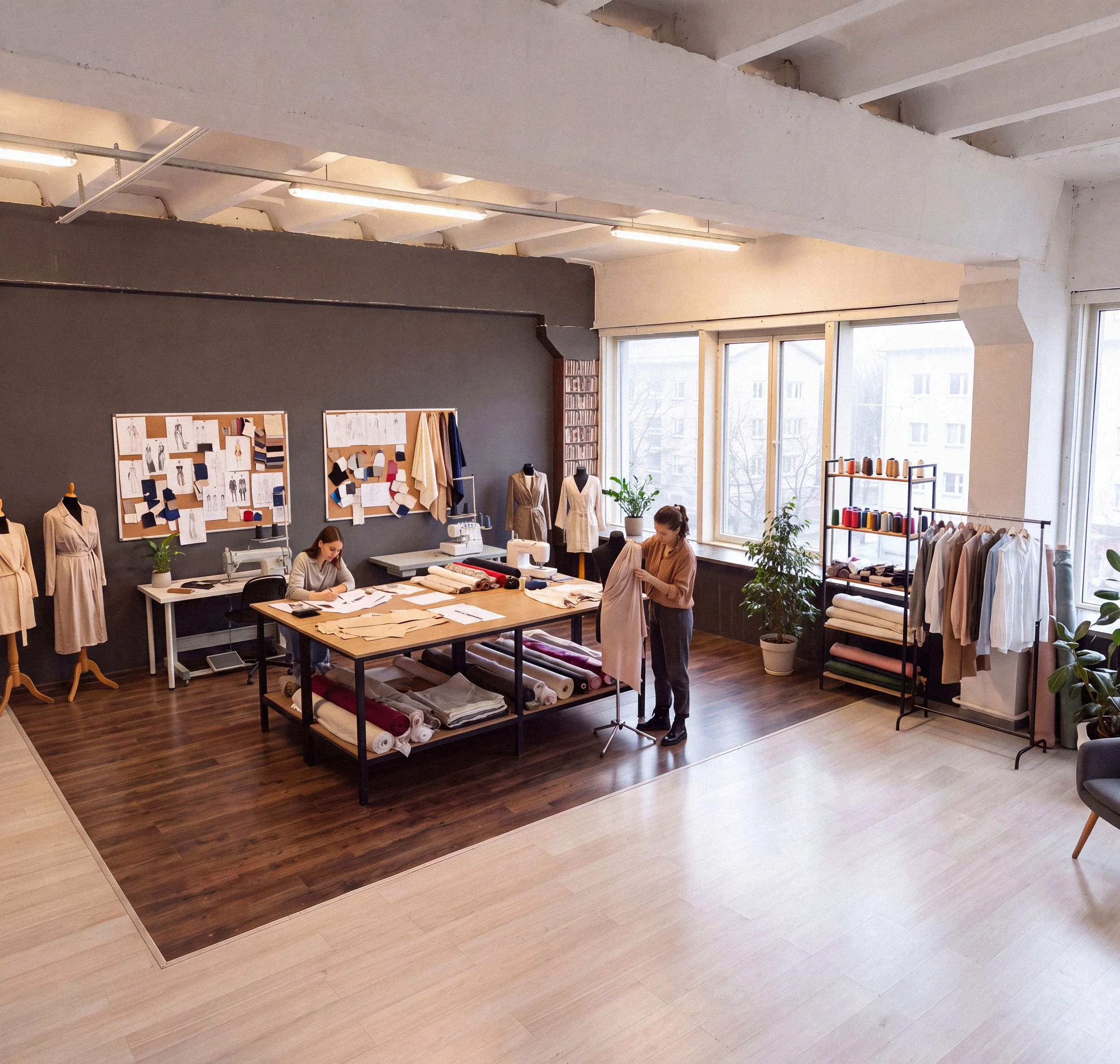 A spacious room with large windows, wood flooring, and a large table workspace for fabric design with two women working on sewing projects.