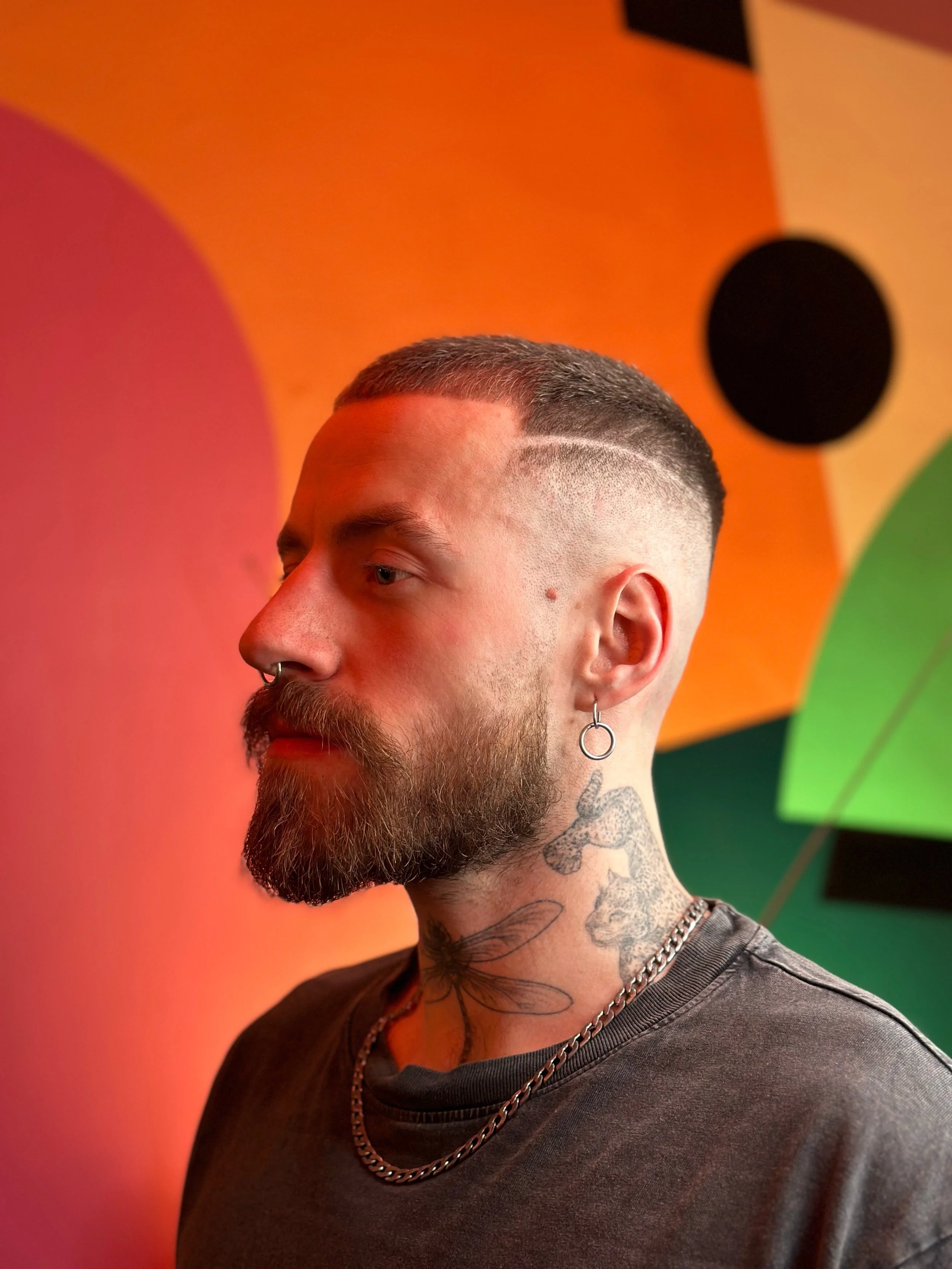 Profile of a bearded man with a short haircut and tattoos, wearing earrings, a chain necklace, and a dark shirt, standing against a colorful geometric background.