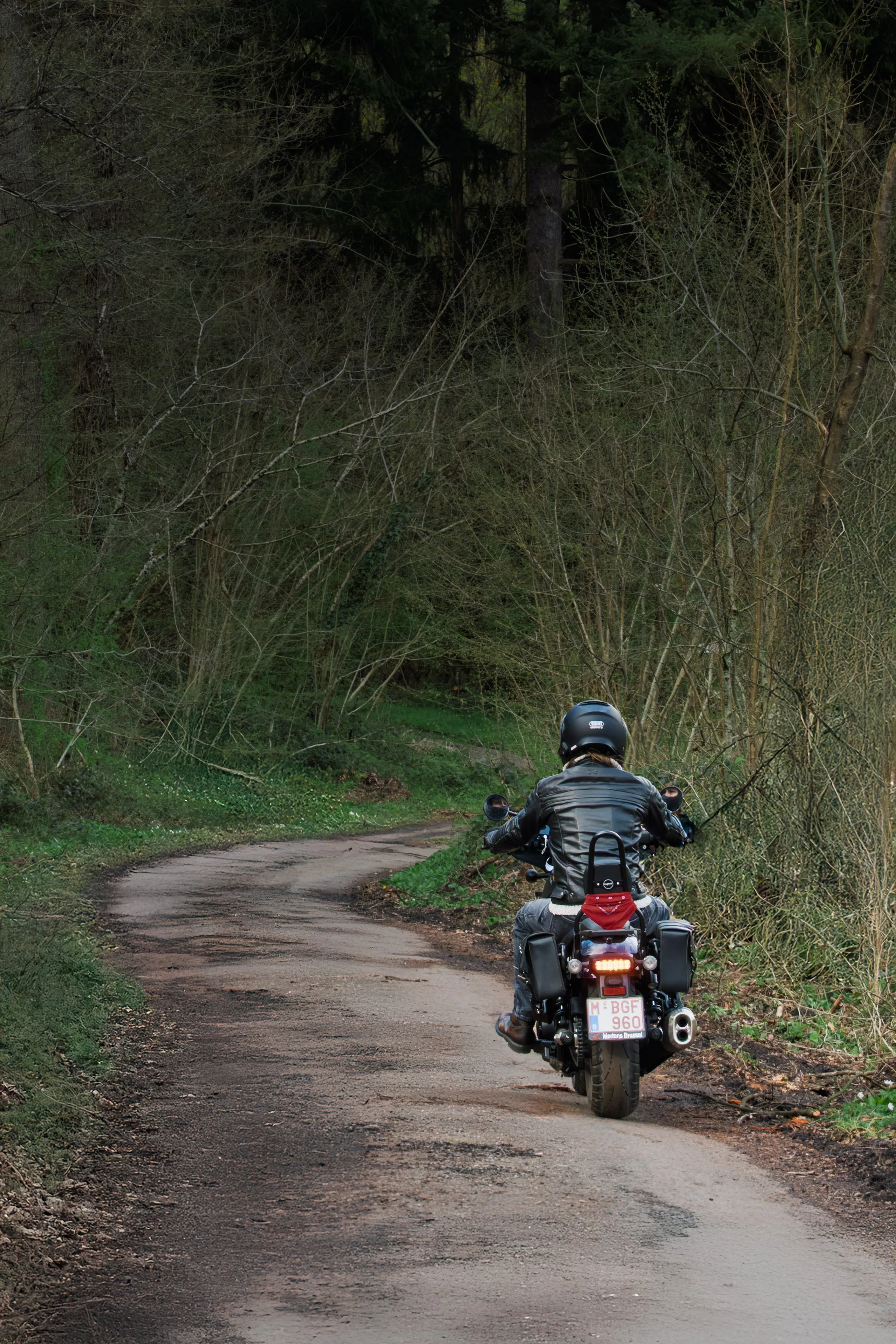 Photographie d’un motard sur une route en pleine nature réalisée en Belgique