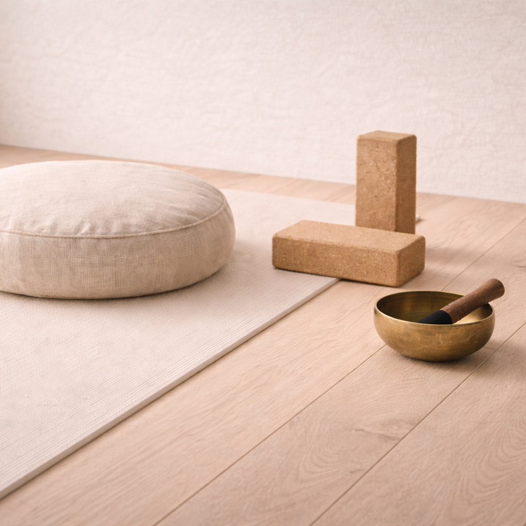 Yoga- oder Meditationsraum mit einer runden Sitzkissen, einer Matte, zwei Ziegelsteinen und einer Klangschale mit einem Gongschlägel.