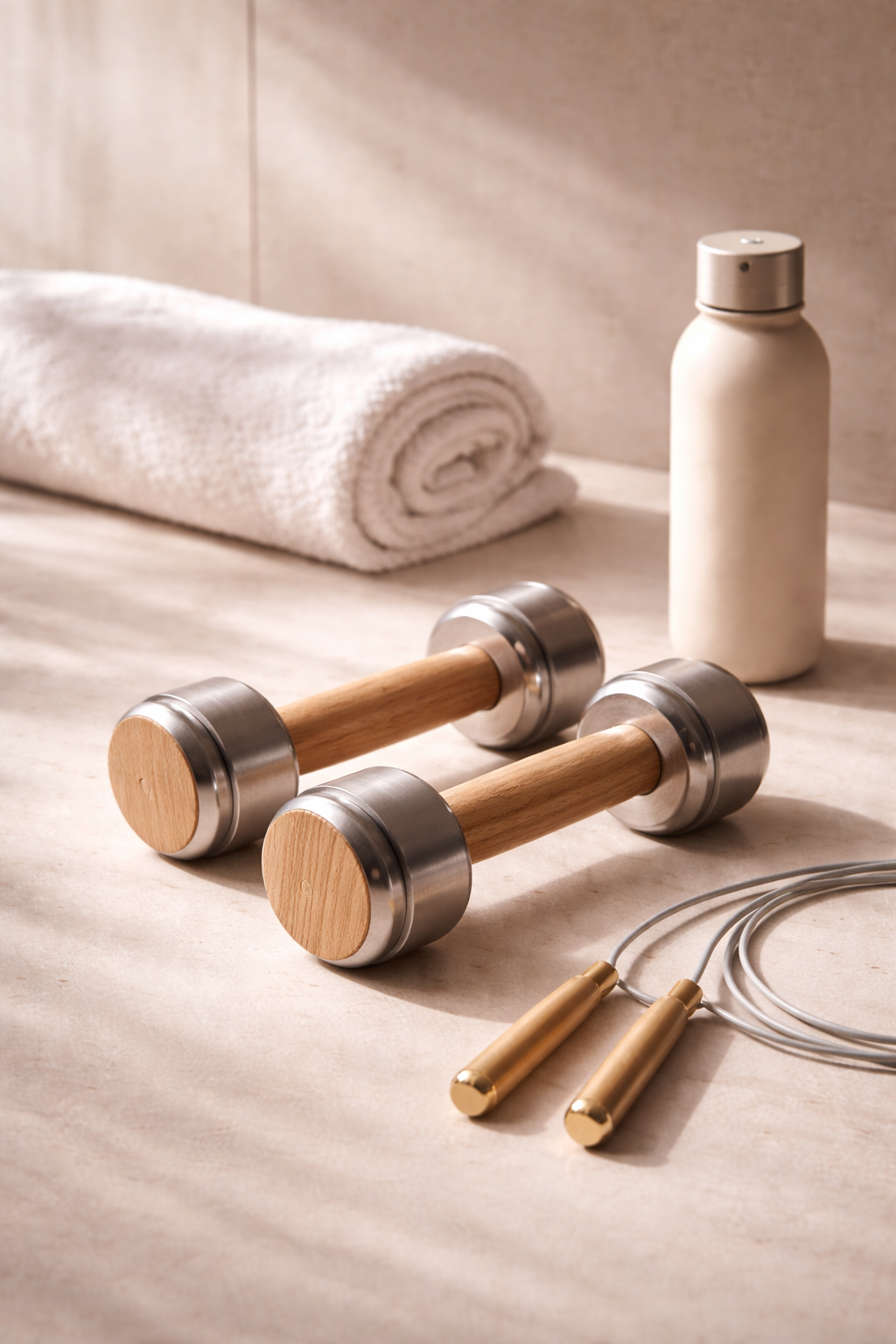 Handtuch, Wasserflasche, Hanteln, Springseil auf einem Bad- oder Fitnessraum-Tisch
