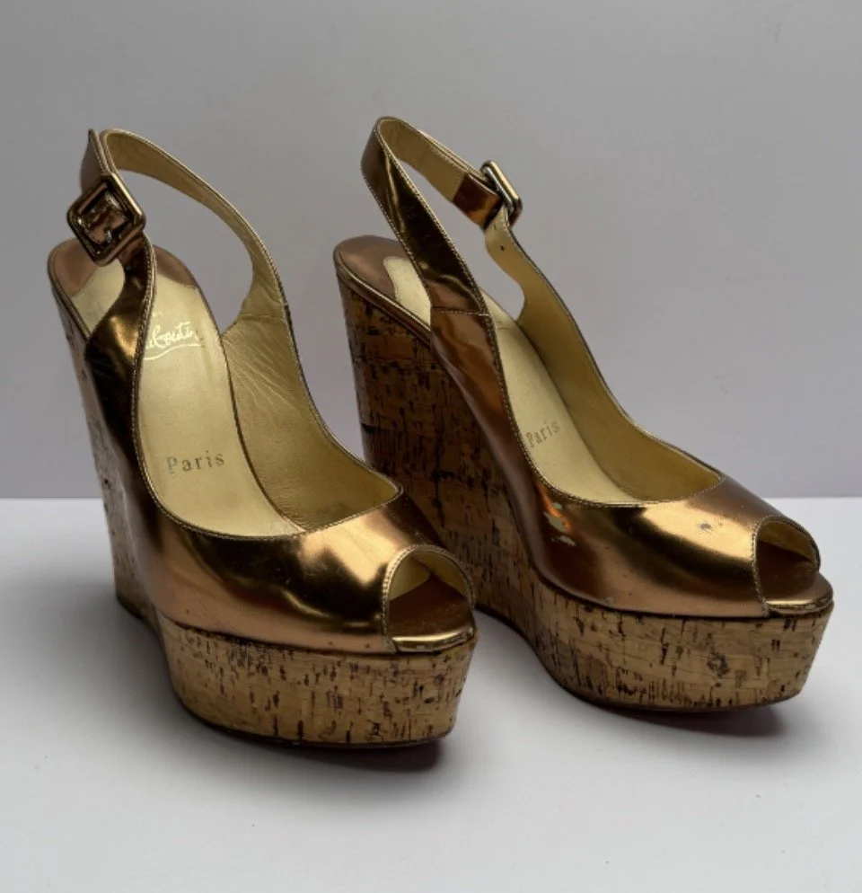 (Uncommon) Christian Louboutin, Metallic Bronze Patent Leather Platform, Cork Wedge Sandals