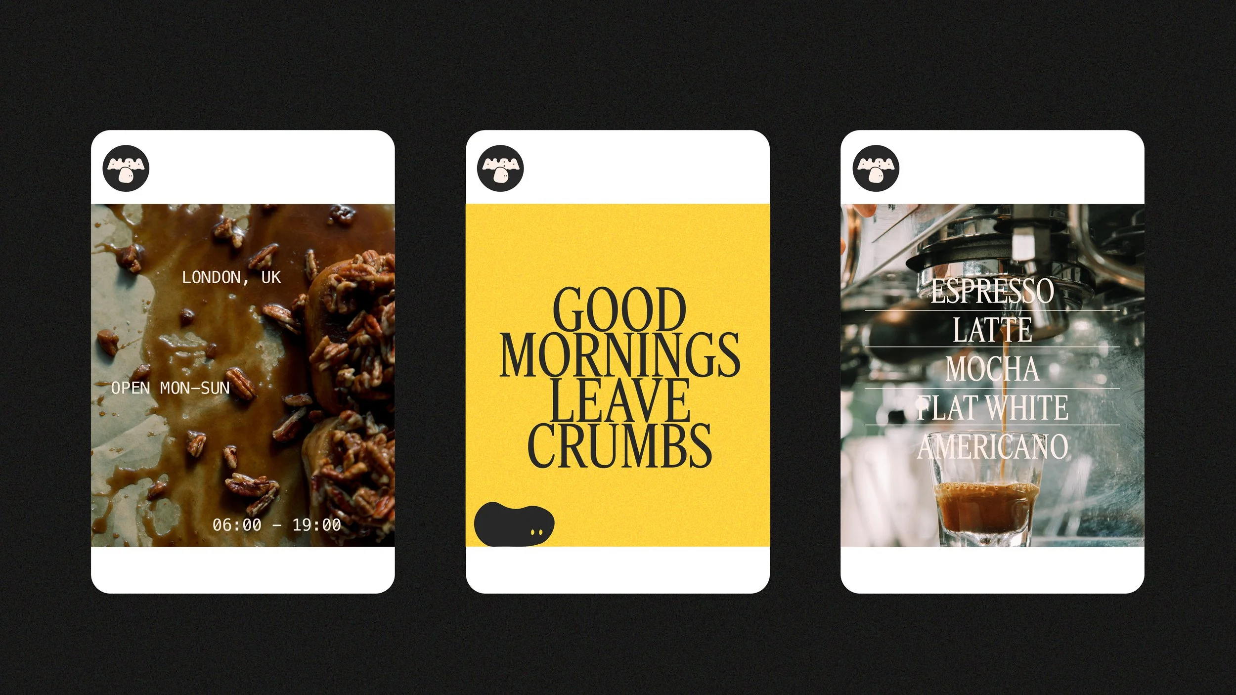 Three mobile app screens related to a coffee shop. The first screen shows a close-up of coffee with caramel and pecans, with details about opening hours and location. The second screen displays a yellow background with the text 'Good Mornings Leave Crumbs' and a small icon of a bear. The third screen presents a coffee machine pouring espresso into a glass, listing coffee types: espresso, latte, mocha, flat white, and americano.
