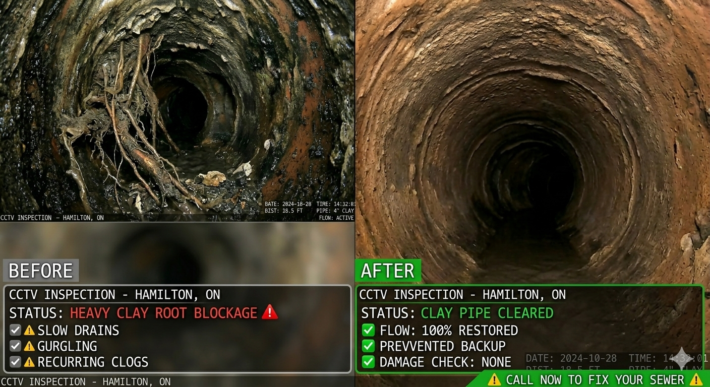 before and after drain cleaning in hamilton with camera inspection