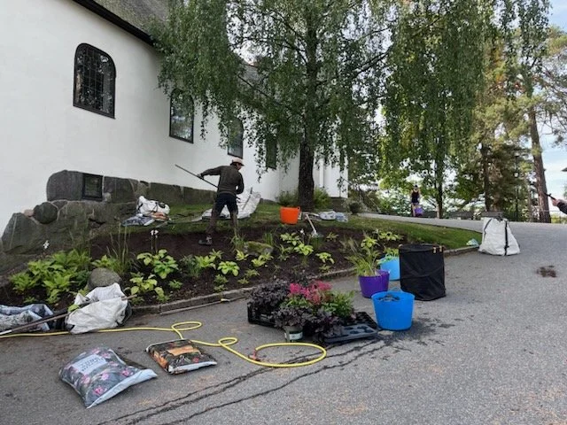 A person tending to a garden bed outside a white building with black window frames, surrounded by gardening tools, bags, and plants, with trees in the background.