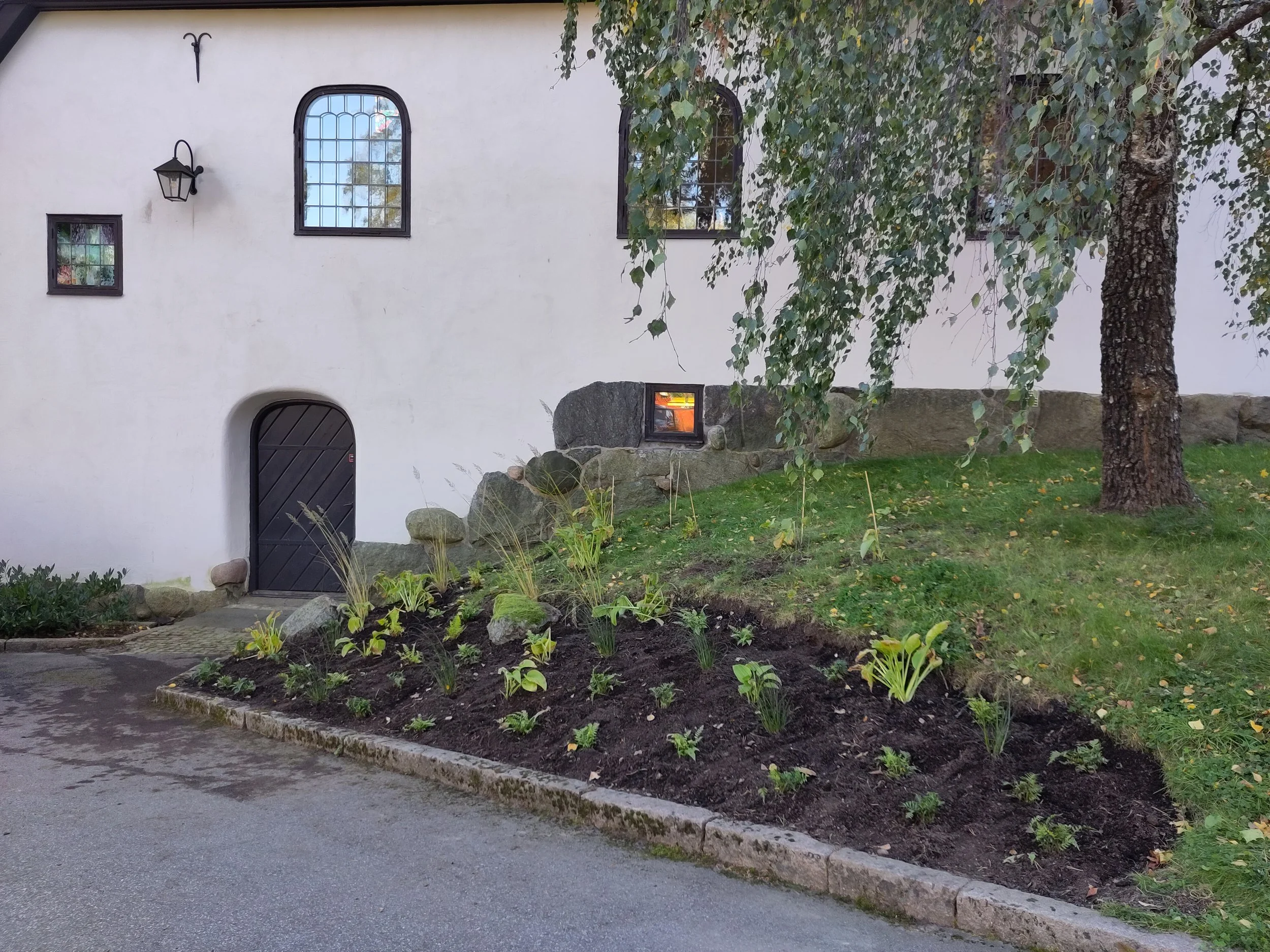 A white building with arched and rectangular windows, a black door, a black outdoor lantern, and a small garden bed with newly planted greenery in front of a paved sidewalk, with a large tree on the right.