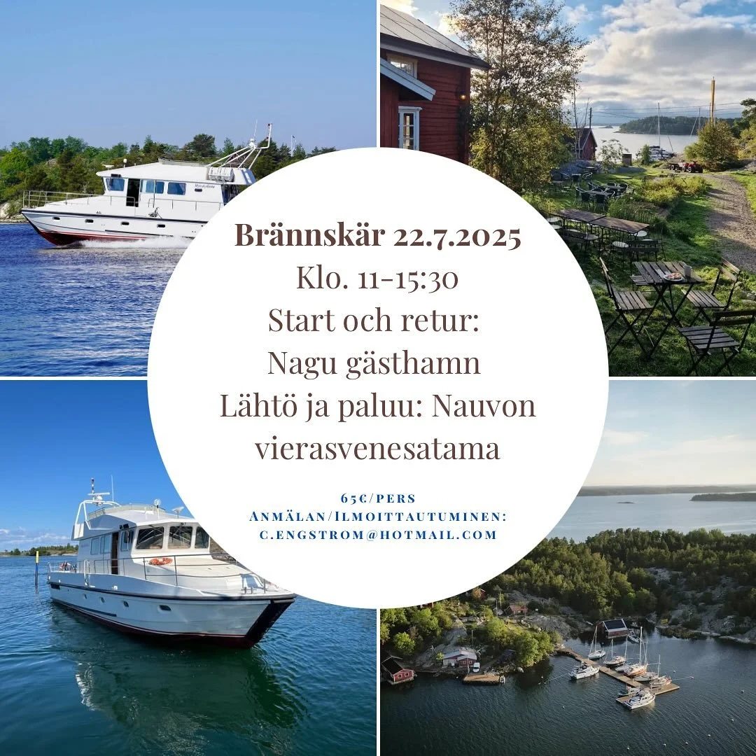 ‼️ Avbokad ‼️☀️ Utf&auml;rd till Br&auml;nnsk&auml;r 22.7.2025 ☀️

Avg&aring;ng fr&aring;n Nagu g&auml;sthamn kl.11:00
Ankomst till Br&auml;nnsk&auml;r kl.12:00
Lunch (gr&auml;ddig laxsoppa + kaffe/te och bulle) och egen vistelse p&aring; &ouml;n kl.