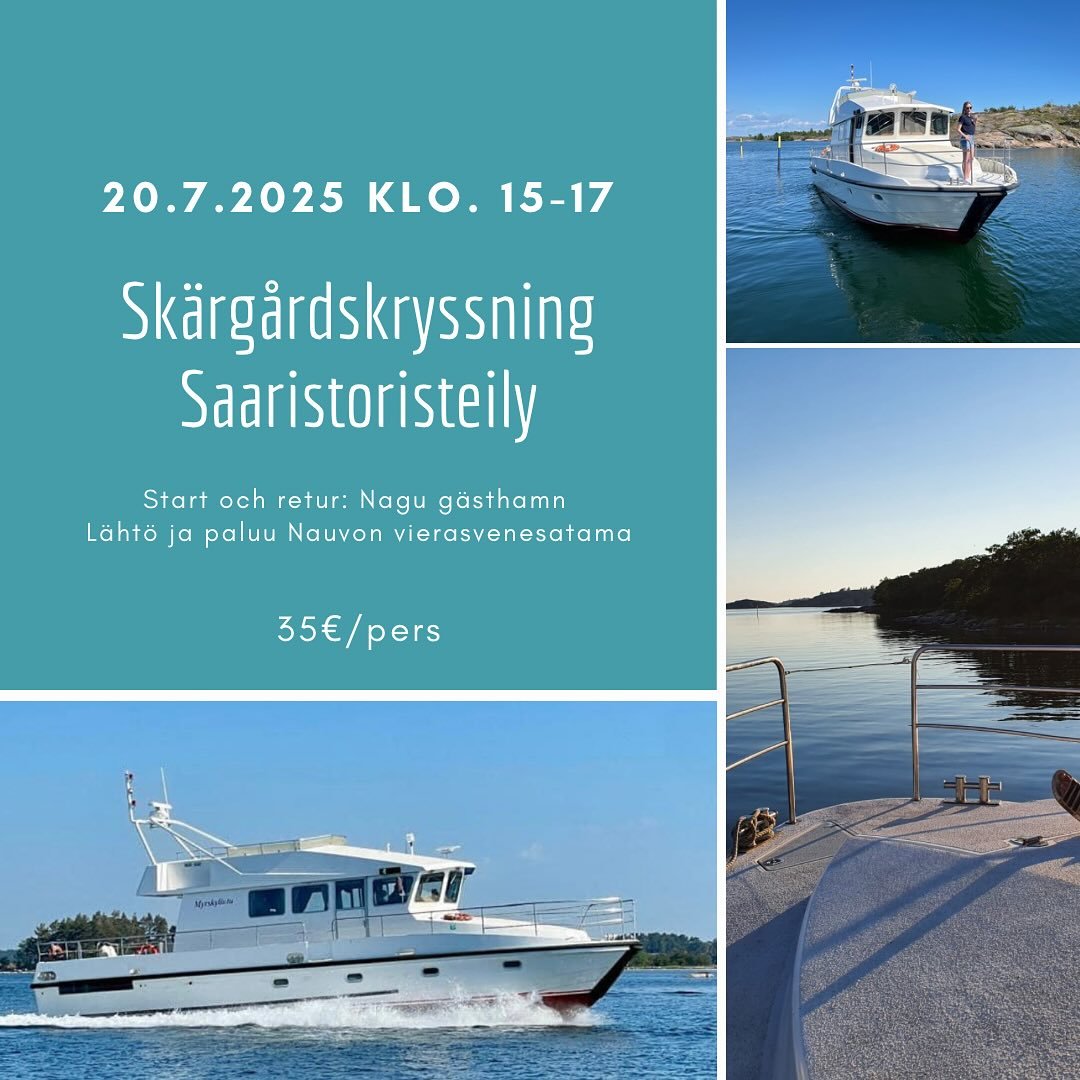 ‼️ Avbokad pga f&ouml;r f&aring; anm&auml;lda ‼️ Sk&auml;rg&aring;rdskryssning 20.7.2025 ✨
Avg&aring;ng fr&aring;n Nagu g&auml;sthamn kl.15:00 
Ankomst till Nagu g&auml;sthamn kl.17:00
Pris:35&euro;/pers
Betalningen sker ombord.
Anm&auml;lan: c.engst