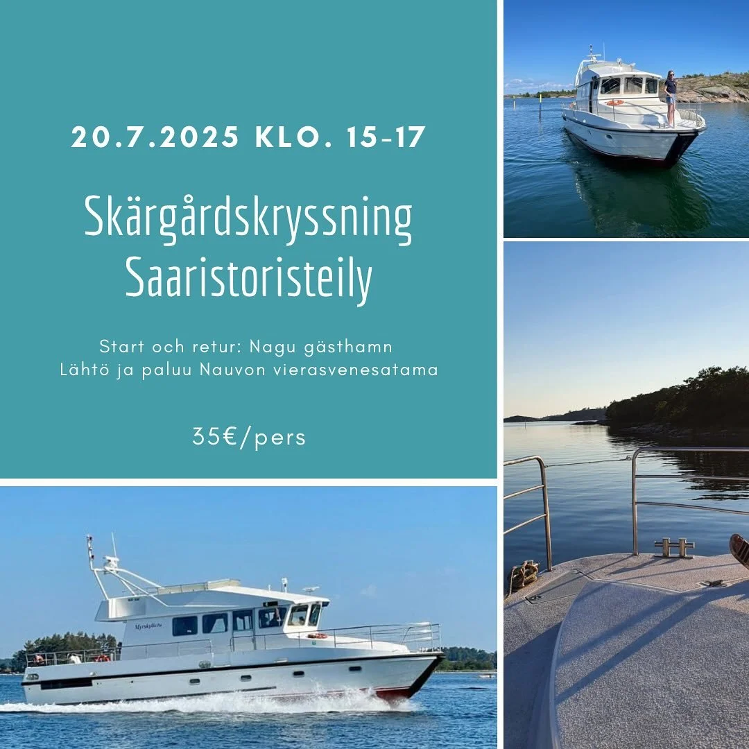 ‼️ Avbokad pga f&ouml;r f&aring; anm&auml;lda ‼️ Sk&auml;rg&aring;rdskryssning 20.7.2025 ✨
Avg&aring;ng fr&aring;n Nagu g&auml;sthamn kl.15:00 
Ankomst till Nagu g&auml;sthamn kl.17:00
Pris:35&euro;/pers
Betalningen sker ombord.
Anm&auml;lan: c.engst