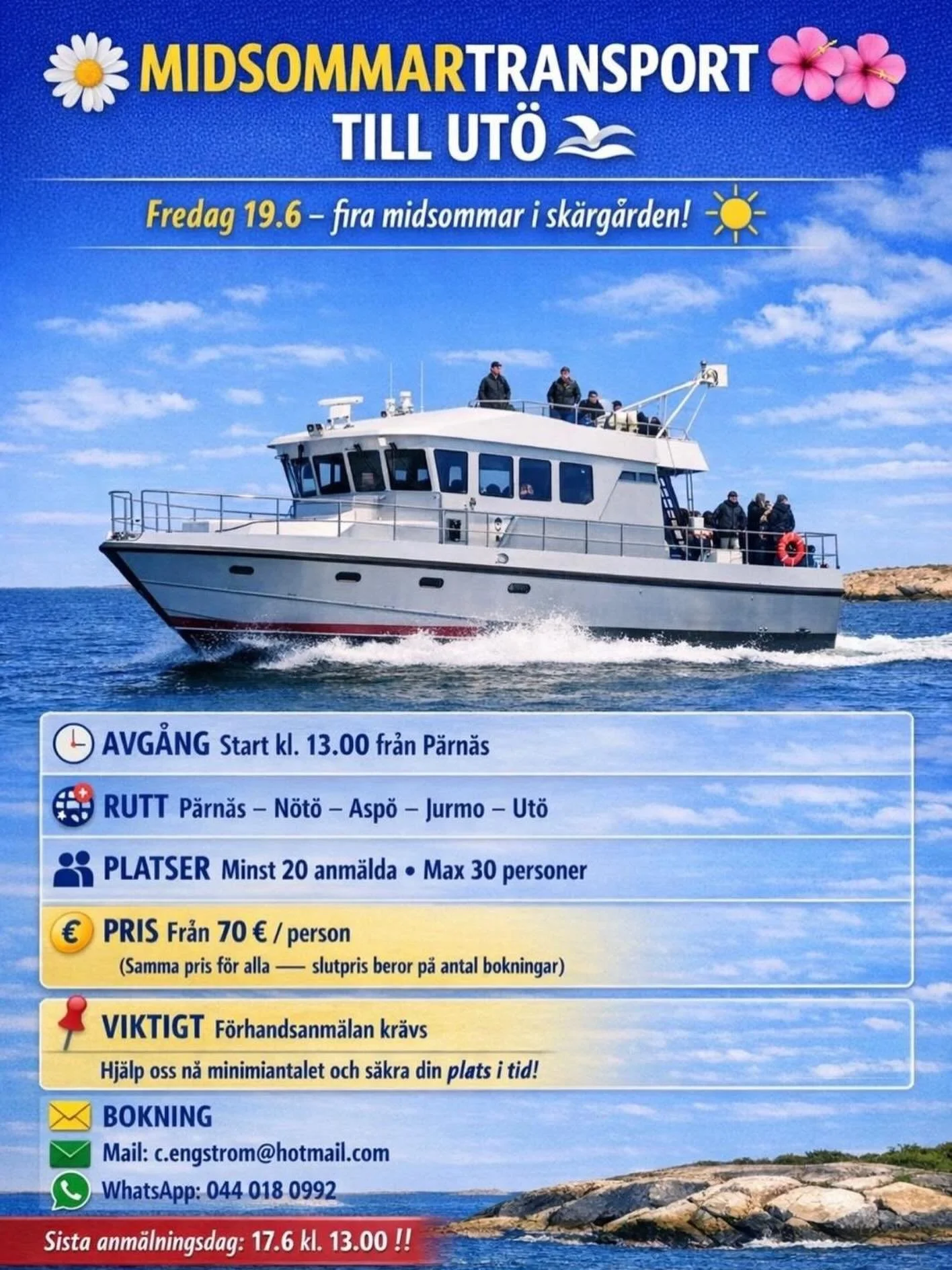 🌼🚤 Kuljetus P&auml;rn&auml;sist&auml; Ut&ouml;h&ouml;n juhannusaattona 🌊

Perjantaina 19.6 j&auml;rjest&auml;mme venekuljetuksen P&auml;rn&auml;sist&auml;, l&auml;ht&ouml; klo 13.00, reitti&auml; N&ouml;t&ouml; &ndash; Asp&ouml; &ndash; Jurmo &nda