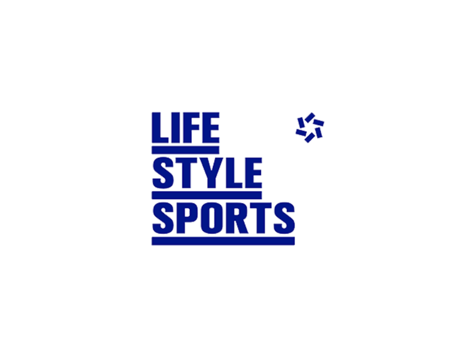 Blue text in stacked format reads 'LIFE STYLE SPORTS' on a white background, with a small abstract design near the top right.