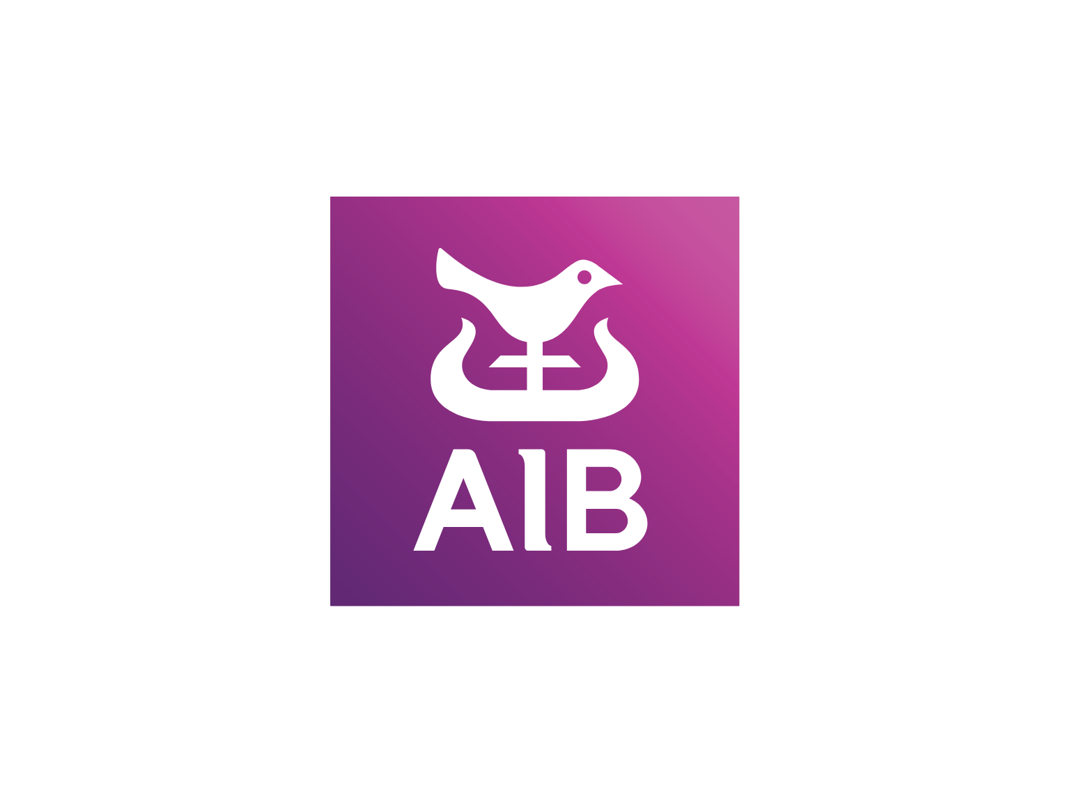 AIB logo featuring a white stylized bird with a curved line shape, set against a purple gradient background, with the letters 'AIB' below.