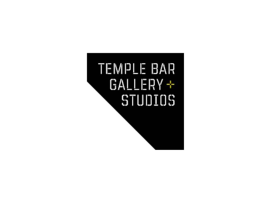 Black square with white text reading 'Temple Bar Gallery + Studios' and a small yellow plus sign.