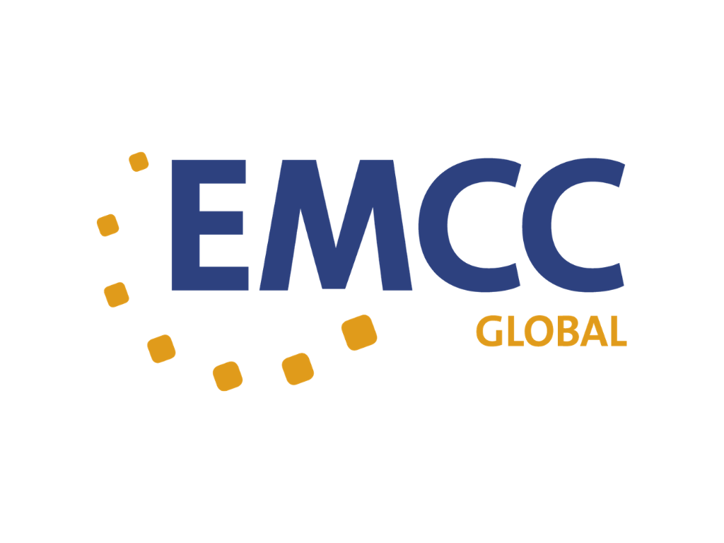 Logo with the text 'EMCC GLOBAL' in blue and gold, featuring a dotted arc design around the word 'EMCC'.