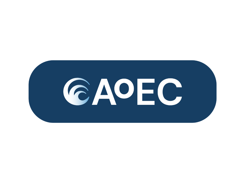 Logo with a wave icon and the letters 'AOEC' in white on a blue rounded rectangle background.