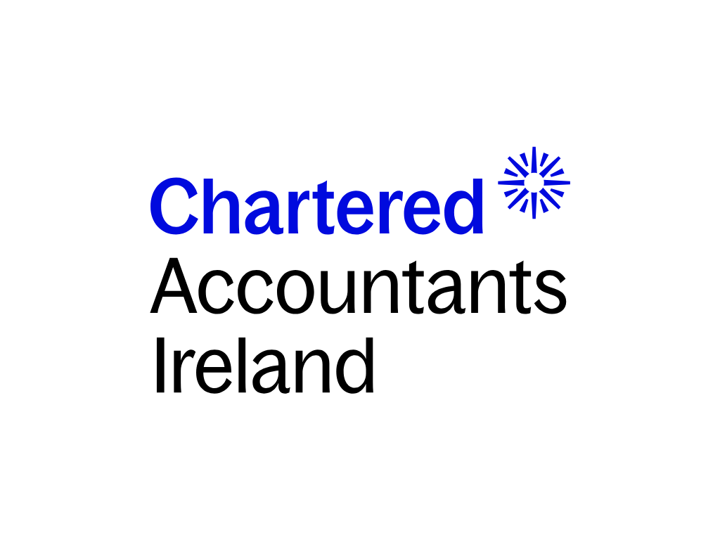 Logo for Chartered Accountants Ireland with the word 'Chartered' in blue and a blue emblem, and 'Accountants Ireland' in black.