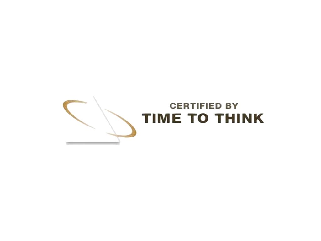Glitched image with text that reads 'Certified by Time to Think' with a stylized speaking bubble or badge on the left.