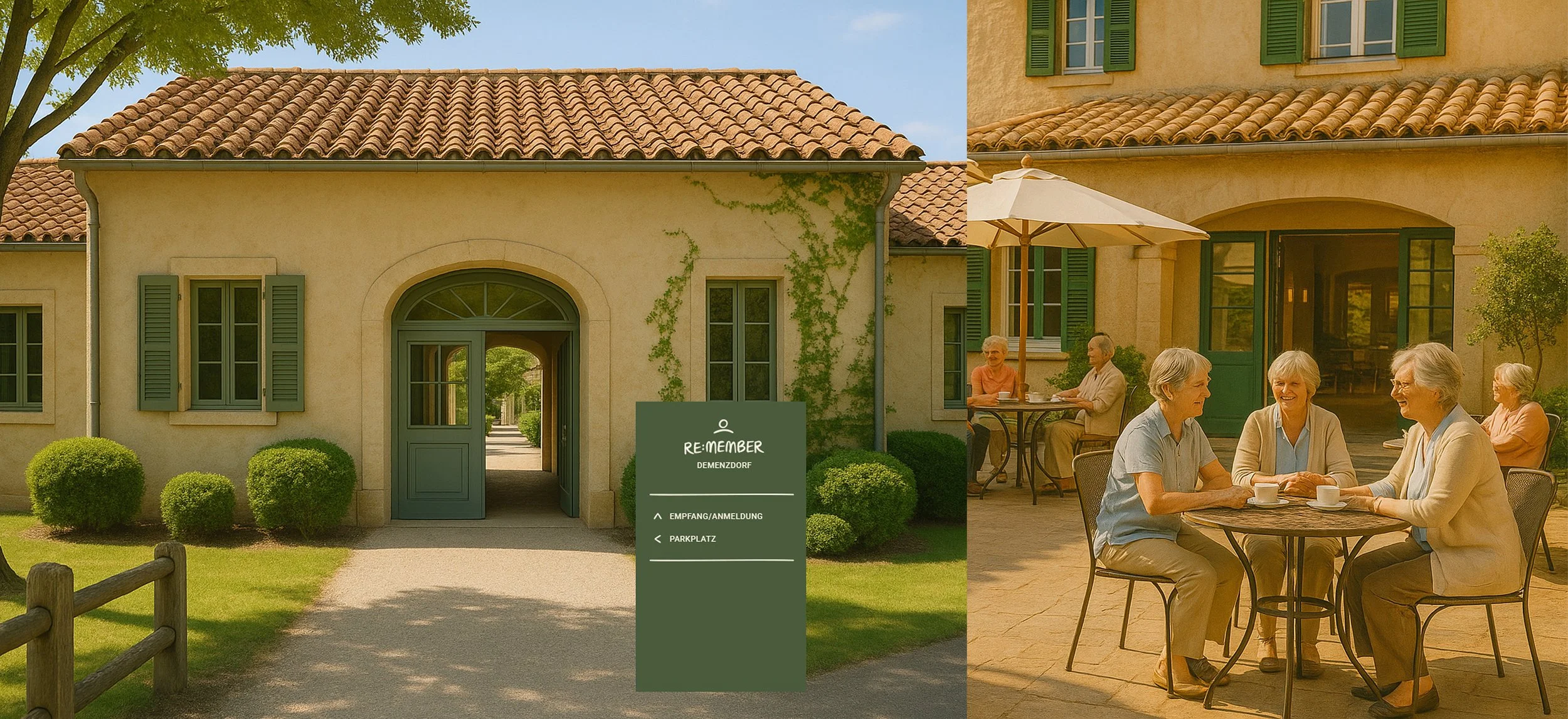 Ein Gebäude mit grün gestrichenen Fensterläden und einem Eingang, umgeben von einer gepflegten Rasenfläche und Büschen, daneben eine Terrasse mit älteren Menschen, die Kaffee trinken und sich unter einem Sonnenschirm entspannen.