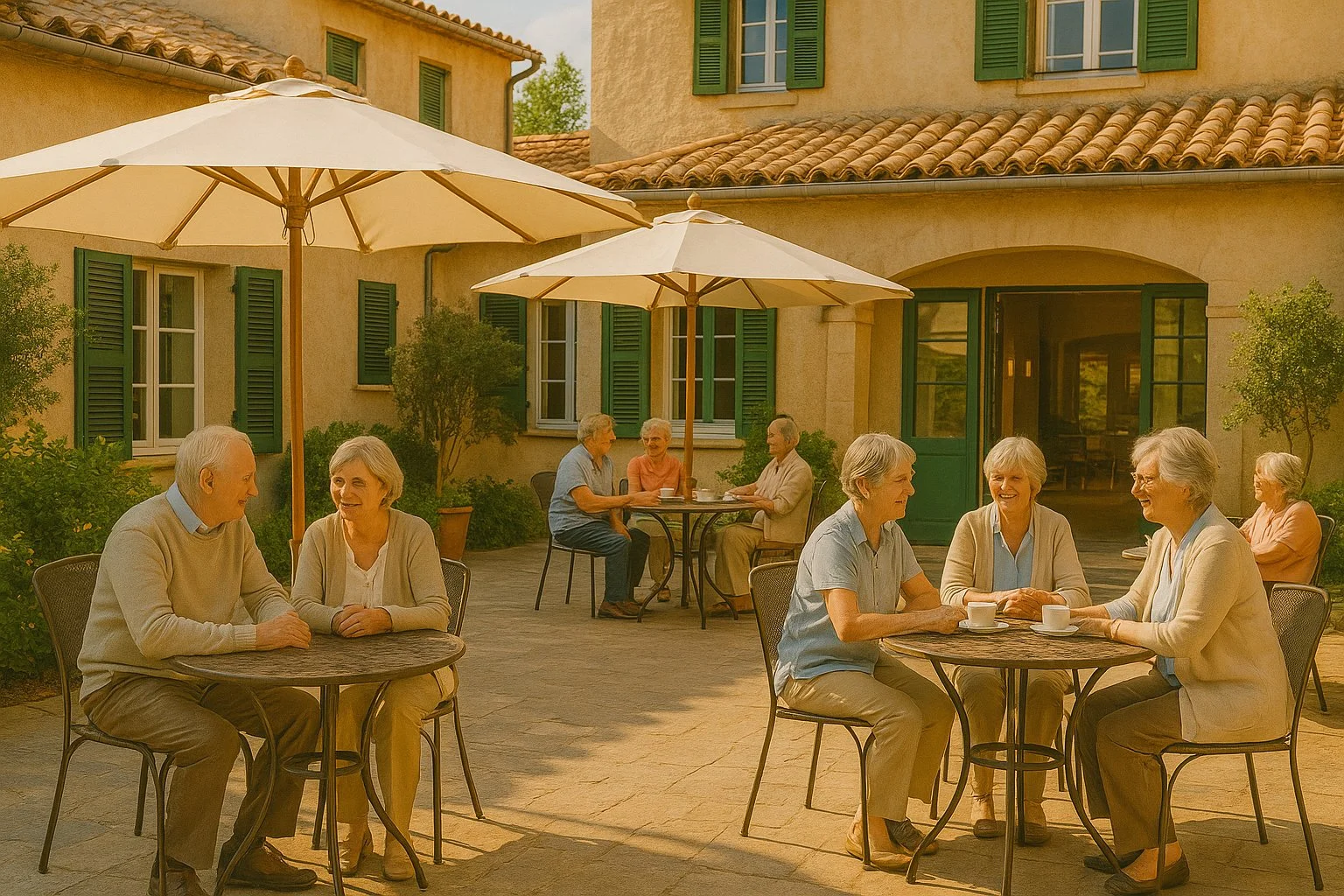 Eine Gruppe älterer Menschen sitzt an Tischen im Garten eines Hauses, das mit grünen Fensterläden und mediterranen Dachziegeln gestaltet ist. Sie unterhalten sich bei Kaffee unter Sonnenschirmen.