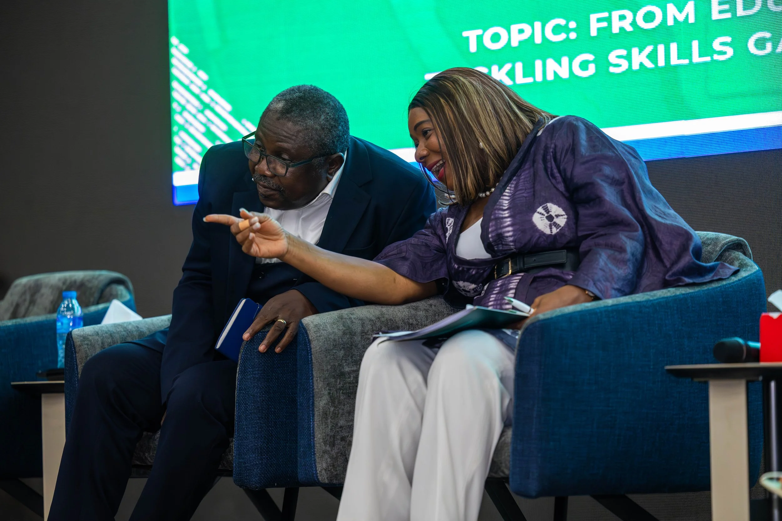 Aminata in conversation with panellist, Dr Josephus Brimah, Director of Policy at the Ministry of Technical and Higher Education 