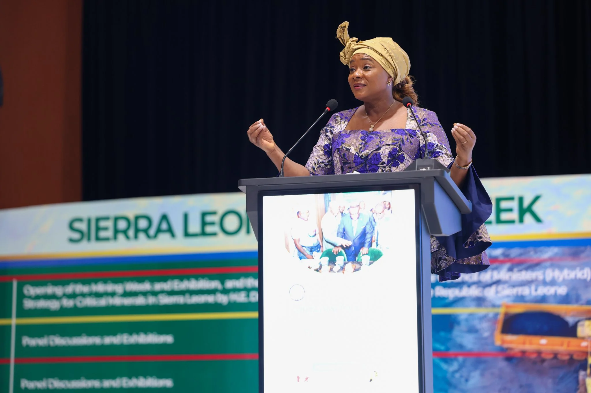 Aminata Kamara, Founder, Amikam Consulting gives opening day keynote on Day 3 of National Mining Week  2026 in Sierra Leone.